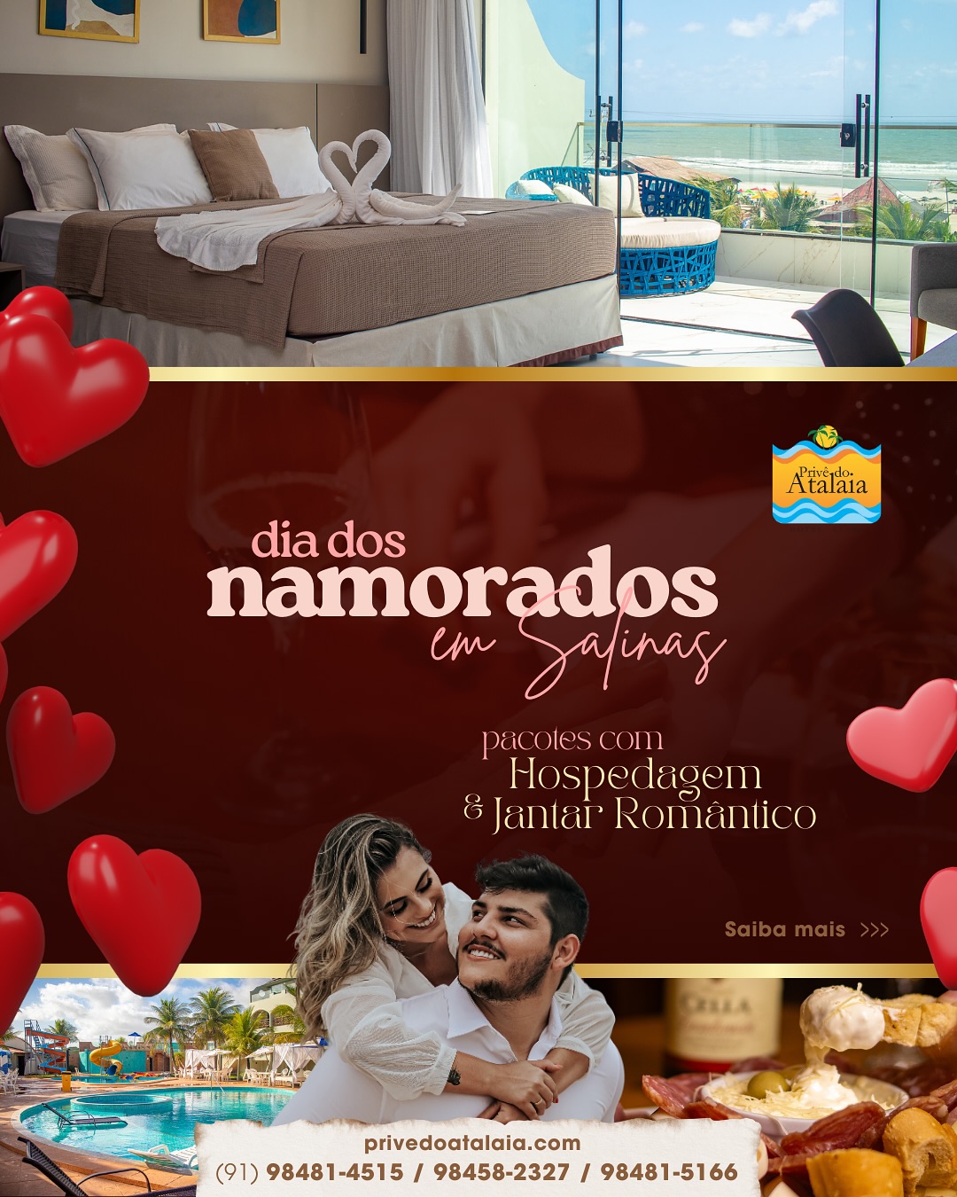 ✨ Viva um Dia dos Namorados inesquecível em Salinas!
Surpreenda quem você ama com uma experiência completa:
🌹 Hospedagem à beira-mar
🍷 Jantar Romântico com música ao vivo
🍽️ Cardápio especial com entradas, massas, pratos principais, sobremesas e bebidas inclusas!
📍12 de Junho, a partir das 21h
👩❤️👨 Evento para hóspedes e não hóspedes
Garanta já sua reserva e celebre o amor em um dos destinos mais encantadores do Pará.
📞 Saiba mais e faça sua reserva: (91) 98481-4515 / 98458-2327 / 98481-5166
🌐 www.privedoatalaia.com
📍Hotel Privê do Atalaia – Praia do Atalaia, Salinas/PA
#PrivêDoAtalaia #SalinasPA #DiaDosNamorados #RomanceNaPraia #DestinoRomântico #JantarRomântico
