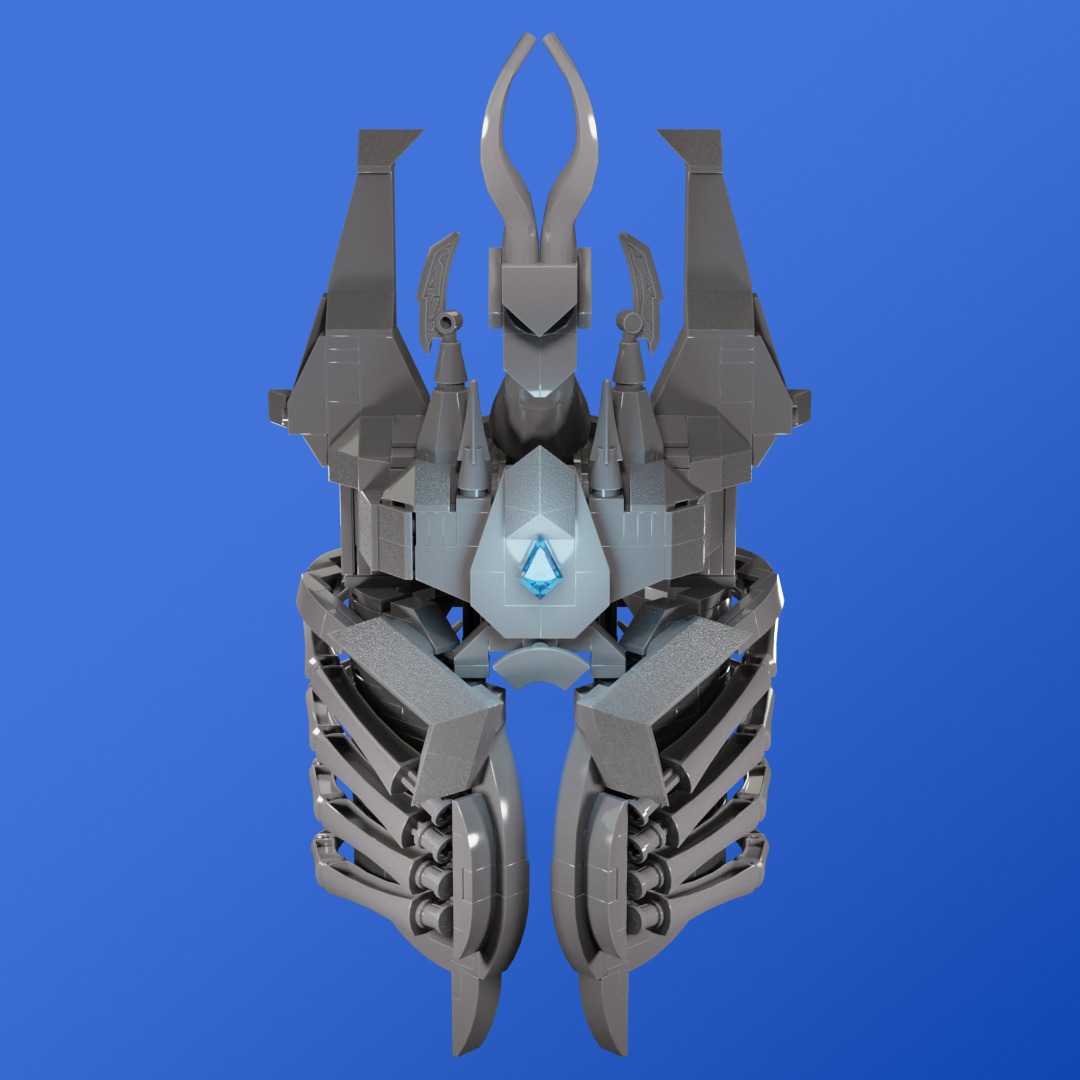I’ve noticed that LEGO has released many Star Wars helmets, but I don’t see why iconic helmets from other franchises shouldn’t get the same treatment. So I set out to recreate one of the most iconic helmets I could think of: the Helm of Domination from Warcraft.
I quickly realized that the feasibility of building this helmet in LEGO hinged on the lower section, which has a very distinct and complex shape. At first, it seemed like a challenge with no clear solution — until I discovered that part 15107 was a perfect fit. Even better, it locks into place naturally when connected using the precise angles required by the build.