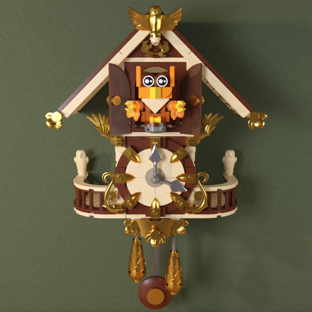 The Secret Life of the Clock Owl is currently on display in the LEGO House. It won a contest that challenged creators to design an everyday object and show what happens on the inside. I wanted to choose an object that already sparks children's curiosity and create an answer that reimagines the kind of story children might invent in their own minds.
Children are told that a little bird lives inside a cuckoo clock, and they are often eager to see it when it comes out. Because of the excessive ornamentation on most cuckoo clocks, children instinctively believe that the inside must be luxurious. Instead, I asked myself what it would be like if the inside were just a regular apartment, and what kind of life it would be to have a job that requires you to come out every hour.
I started by designing the clock, because I wanted the hands to have some complexity. From there, I created a character that would fit the scale, ideally a bird. An owl turned out to be the most easily recognizable at this size, mainly because of the position of its eyes. In the next steps, I combined elements from existing cuckoo clocks that I found interesting to create a small but visually compelling scene.