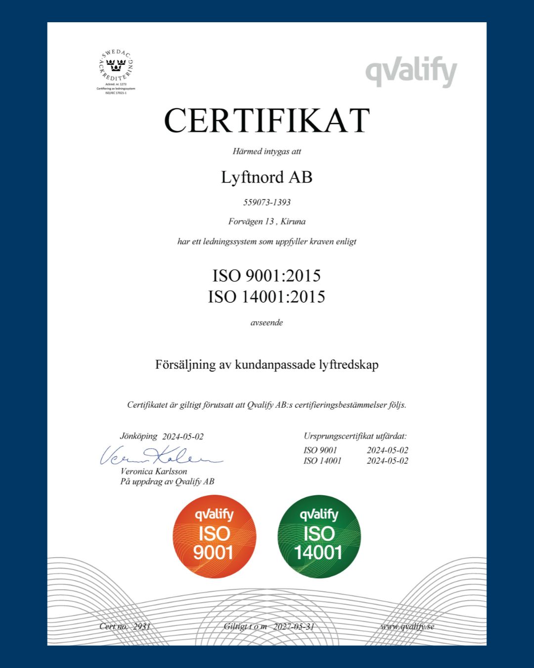 Vi är stolta över att vara certifierade enligt ISO 9001:2015 och ISO 14001:2015! 🏆
När en internationell kund utmanade oss med kravet på ISO-certifiering tog vi utmaningen på allvar. Vi ser inte detta som bara ett papper att visa upp – det har blivit en grundsten i vår verksamhet som förbättrar och fortsätter att förbättra hela vår arbetsprocess.
Vad betyder detta för er som kund?
• Systematiskt kvalitetsarbete som säkerställer högsta standard
• Miljömedveten verksamhet som tar ansvar för framtiden
• Tydliga processer som minimerar risken för fel
• Ständig förbättring som en del av vår företagskultur
Kunder som utmanar oss gör oss till en bättre leverantör. Tack för att ni hjälper oss att utvecklas! 💪
Vill du utvecklas med oss i Kiruna? Vi söker kollegor. Läs mer på karriar.lyftnord.se
#ISOcertifiering #kvalitet #miljö #ständigförbättring #företagsutveckling"