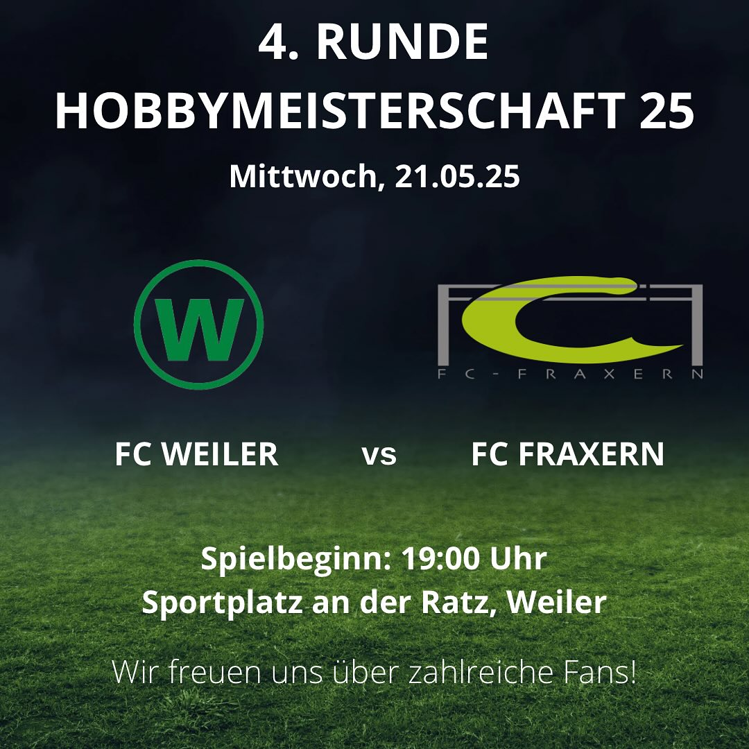 Auswärtsspiel!!⚽️⚽️
Am Mittwoch um 19:00 Uhr trifft unsere Mannschaft Auswärts auf den FC Weiler. Wir freuen uns auf zahlreiche Unterstützung für unsere Mannschaft!!⚽️
#fcfraxern #fussballspielenwoandereurlaubmachen #hobbyligavorderland #matchday #fussball