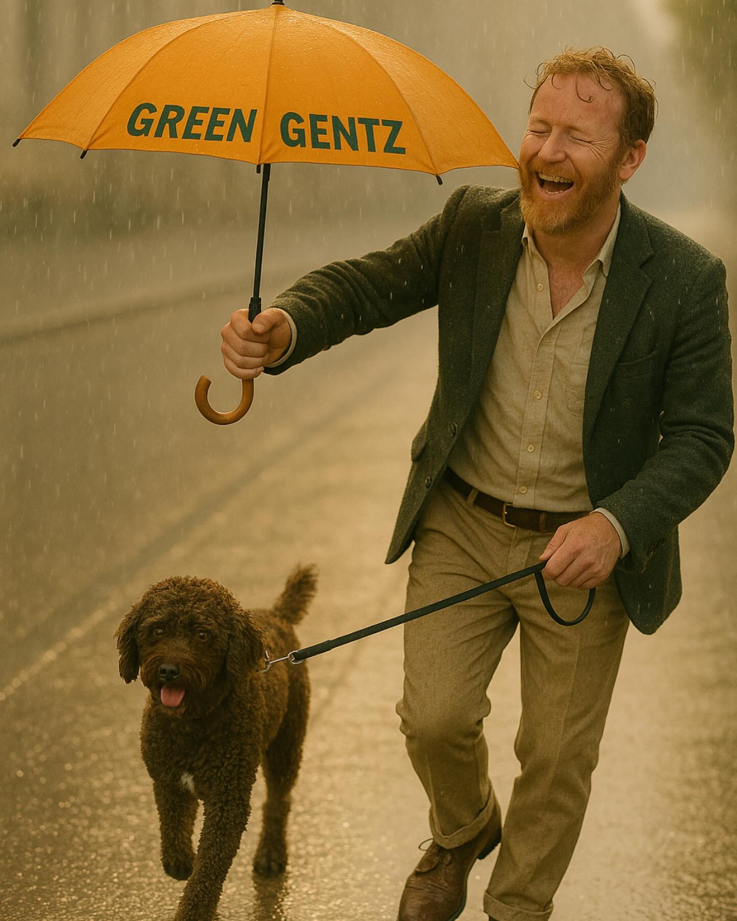 Keeping dogs dry since 1846
They say tweed jackets make you 47% more generous — and this chap clearly proves the theory. Because who else would hold an umbrella at full arm’s length just to keep their soggy pup dry while getting absolutely drenched himself?
But here’s the trick: tweed doesn’t mind a bit of rain. With its naturally water-resistant wool fibres, windproof weave and stoic charm, it’s the gentleman’s armour against summer showers. And yes — it still looks smashing when soaked.
📈 Studies (by very serious dogs) show: pups with tweed-clad humans stay at least 78% drier than average. Science.
Cheers to style, silliness and keeping your best mate cosy 🐾
🌿 Green Gentz – preloved quality menswear for those who dress with purpose. Because style doesn’t go out of fashion — it just gets better with time.
#GreenGentz #PrelovedQuality #TweedWeather #BritishStyle #DogDadGoals #SustainableMenswear #TweedForTheWin #RainOrShine #UrbanWalks #GingerAndProud #DryDogWetHuman #PuppyLove #SlowFashion #preloved #perrodeaguaespañol #perro #spanskvattenhund AI picture