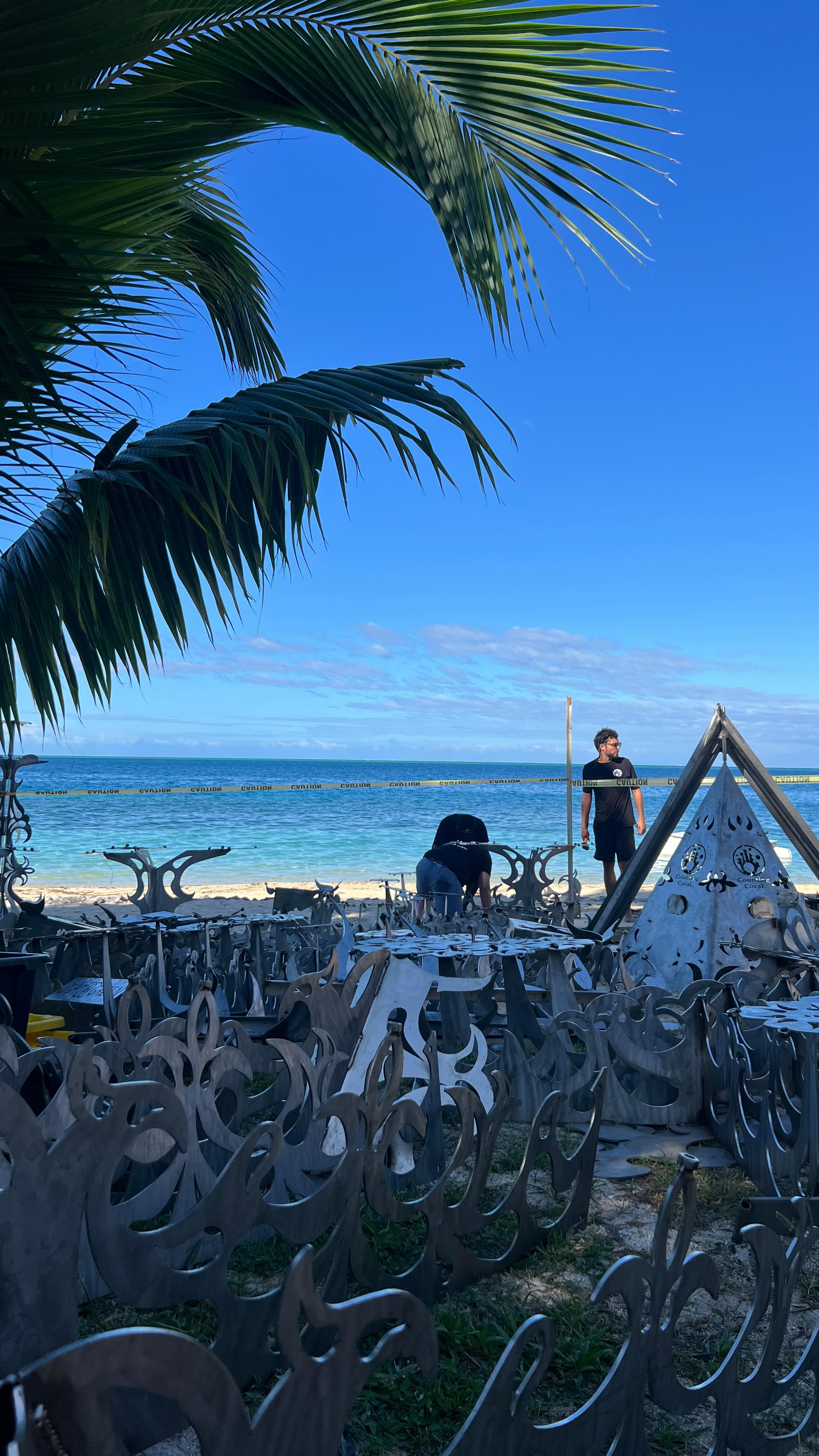 Sculptures have arrived on the island—now it's time for welding, assembly, and organizing before their final dive to the sea floor. Over 450 elements, from California to Fiji. Not a bad office view, right?