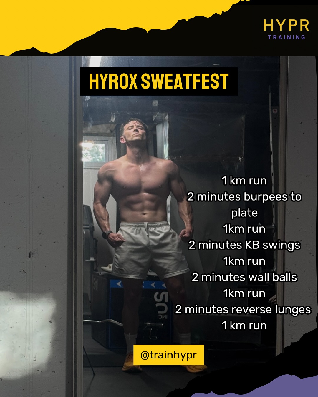 Engine builder workout! This one is a nice grind designed to push your limits but also test your pacing on station work. Find a steady rhythm and try not to break too often during the 2 min of work.
.
You can scale this workout to your current fitness level. Runs can be done at whatever pace you deem appropriate, and weight can be what you are comfortable with. As a reference, I ran at 7 minutes minute mile pace, used a 53 lb kb, 25 lb wall ball, and 65 lbs for lunges.
.
Try it out and let me know what you think!
.
Fueled by @bldrsportsusa
.
.
#hyroxtraining #hyrox #hyroxworkout #hybridtraining #hybrid #endurancetraining #racetraining #hyroxprep #fitness #firnessmotivation #workout #freeworkout #homegymworkout #treadmillworkout #treadmillintervals #hyprtraining #trainhypr #bldrsports