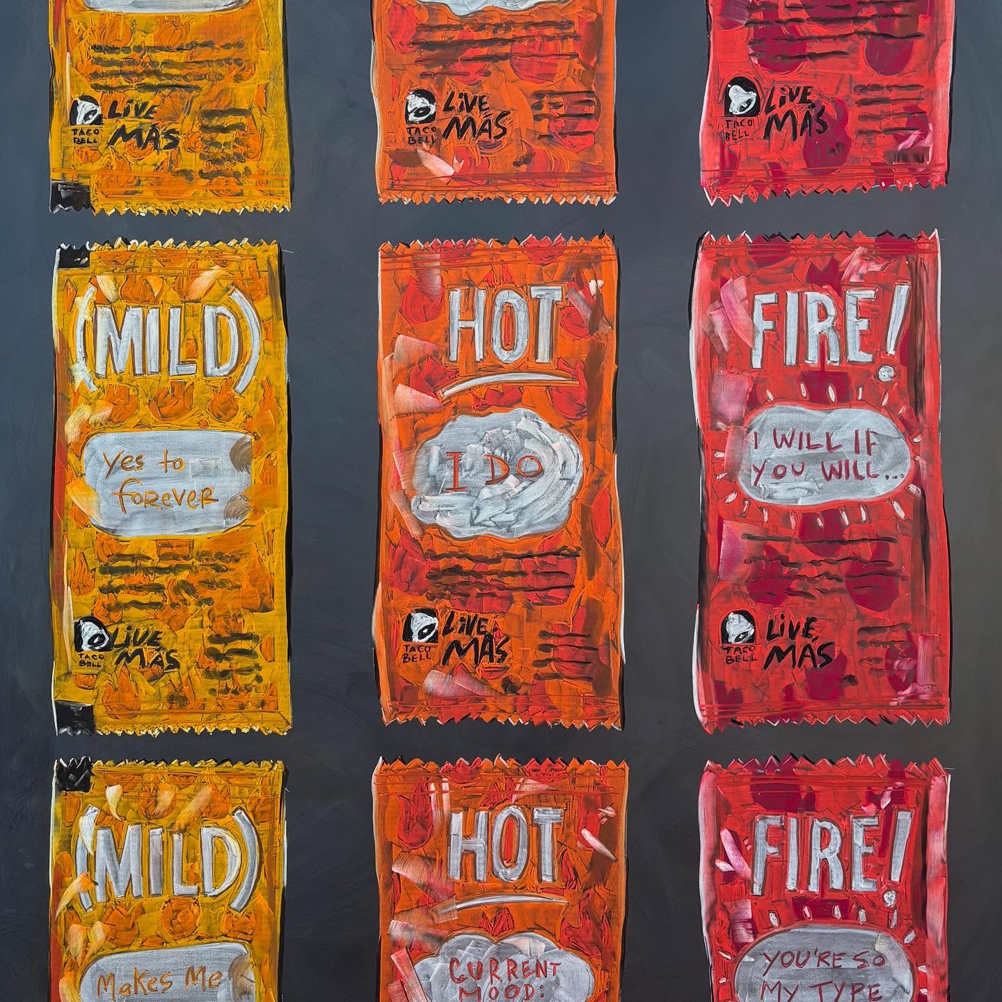 More #RecentWork for Taco Bell- Took about an hour to draw each packet of sauce 🥵 This is the piece I finished live during the event! Love the way it turned out. Pop Art inspired sauce packets… Which sauce is your fave? 🤔 I like FIRE!
#SanDiegoChalkArtist #LAChalk #ChalkArt #ChalkArtist #ChalkPastels