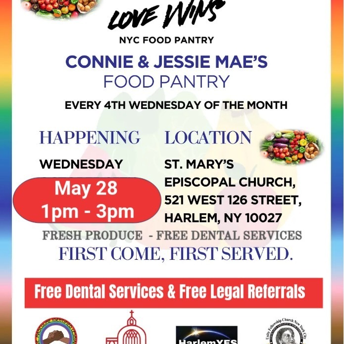 *Free Fresh Produce (while supplies last)
*Free Dental Screening Courtesy of Columbia University Dental Clinic (Some Services Provided on Site)
*Free Legal Referral Services By Legal Services, NYC
*No I.D. Required
*No Forms to Complete
*ALL ARE WELCOME.
*THIS IS A SAFE AND WELCOMING SPACE FOR COMMUNITY
