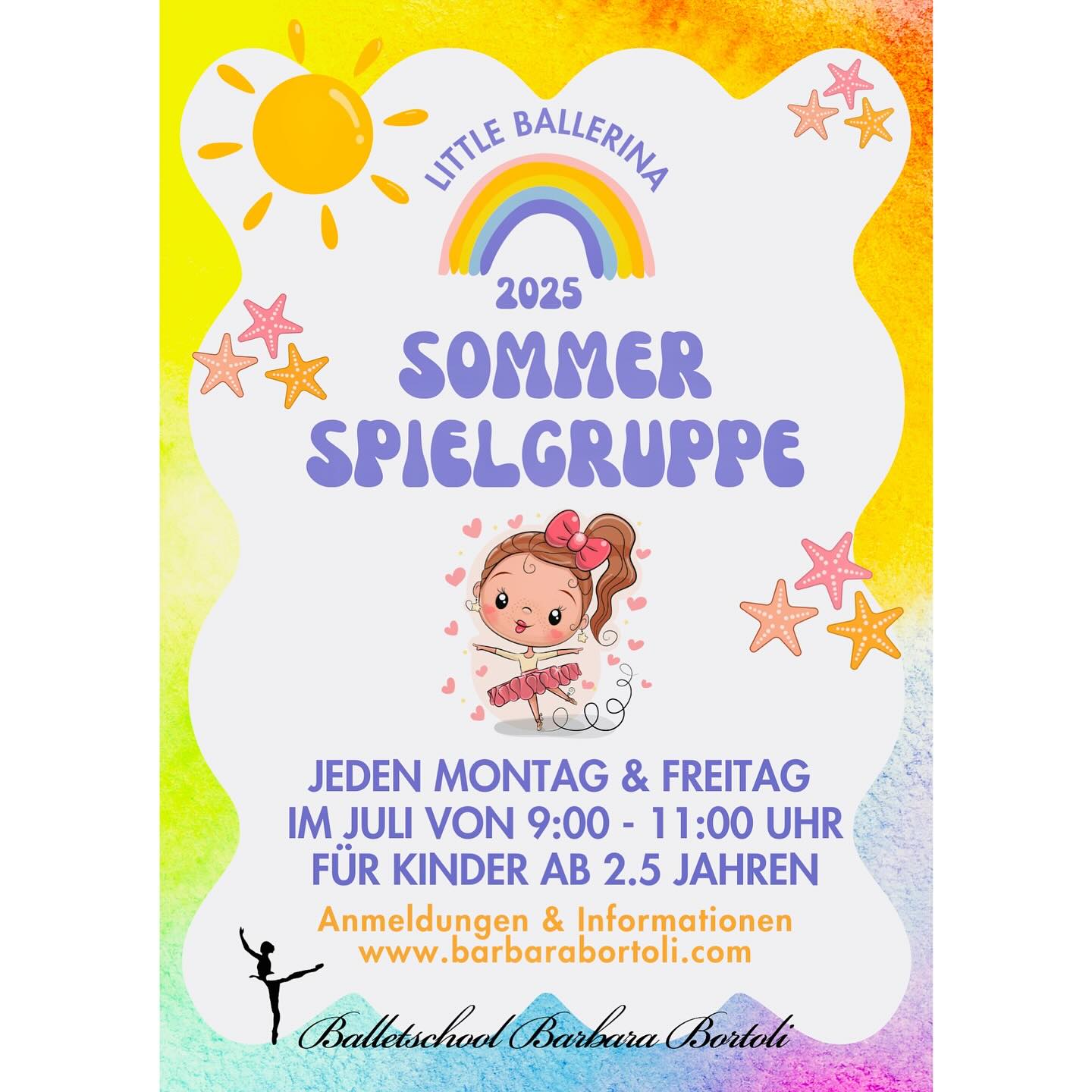 🌞 Die Sommerspielgruppe Little Ballerina ist zurück! 🌞
Jeden Montag & Freitag im Juli | 9:00–11:00 Uhr
⏳ es fehlen nur noch wenige Wochen und der gewohnte Alltag steht Kopf
📌Wenn der gewohnte Rhythmus wegfällt, To-do-Listen länger statt kürzer werden und Me-Time in weite Ferne rückt, dann weisst Du, dass die Sommerferien begonnen haben😎
➡️WIR SCHAFFEN DIR LUFT ZUM ATMEN⬅️
🎈 Unsere Sommerspielgruppe für Kinder ab 2,5 Jahren🧸 bietet liebevolle Betreuung, Spiel, Tanz & Bewegung und dir zwei entspannte Stunden nur für dich💆🏼♀️
Ob eine Stunde für den Kaffee in Ruhe, ein Einkauf ohne Stress oder einfach ein Moment zum Durchschnaufen – wir helfen Dir, in den Ferien wieder kleine Inseln im Alltag zu
schaffen. 🧘♀️
👧🧒 Offen für alle Kinder
🗓 Flexibel & einzeltage buchbar
🤹♀️ Spiel, Spaß, Tanz & Bewegung
👉 Jetzt Plätze sichern und anmelden unter www.barbarabortoli.com
#Ferienspielgruppe #Sommerferien #MamaAlltag #MeTimeFürMamas #Kinderbetreuung #Balletschool #OffenFürAlle #Ferienchaos #Durchatmen #spielgruppelittleballerina #spielgruppe #littleballerina #Utzenstorf