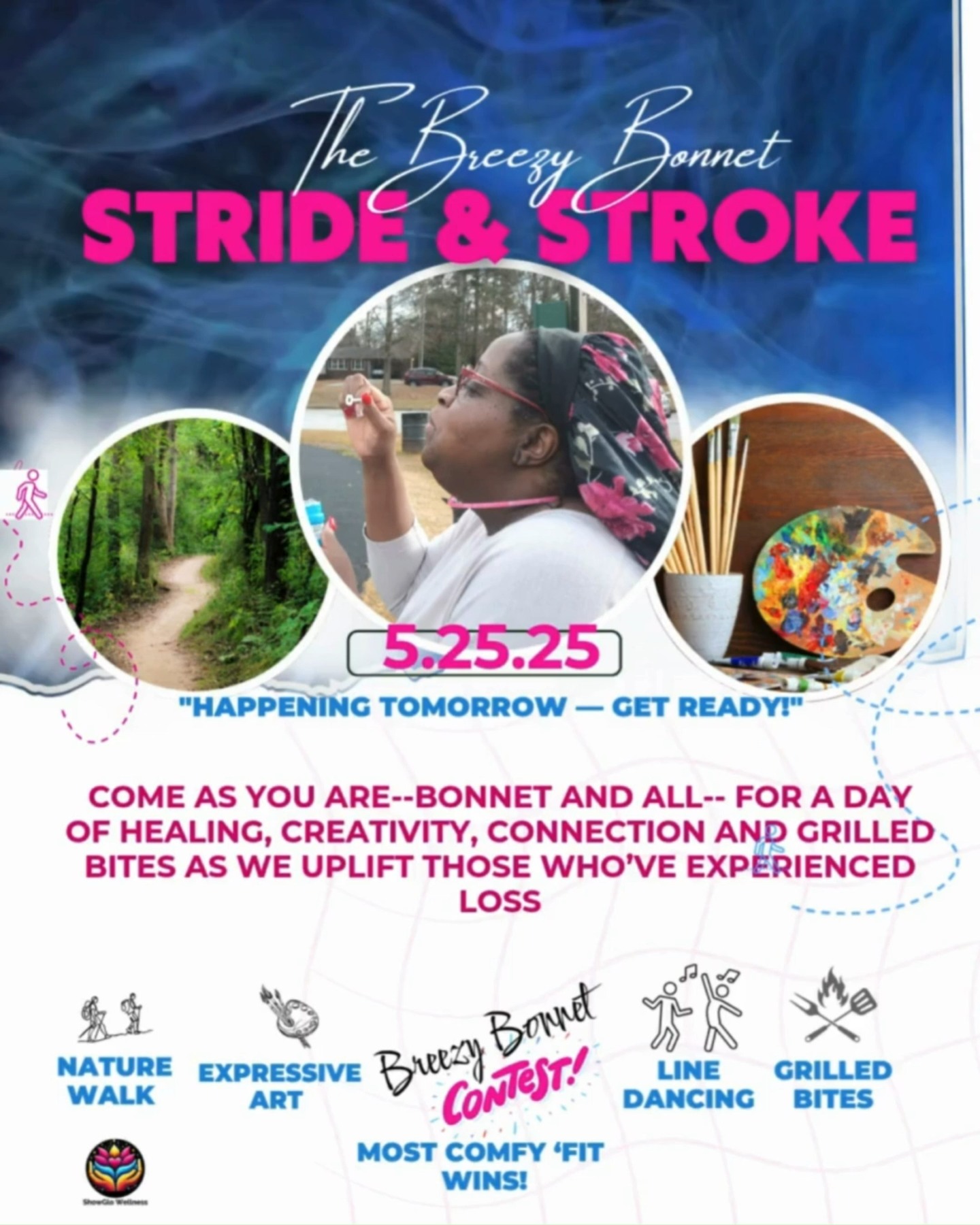 Our Breezy Bonnet Event is just a day away!!
What's Included:
🏆BREEZY BONNET CONTEST-Prize awarded for most comfy look!
🌿 Nature Walk
🔥 Grilled Bites Fresh off the Grill
🎨 Expressive Art Activities
🎤 Guest Speaker: Zanetia Henry
🎶 Music & Line Dancing
🎲 Games & Fun
❤️ Fellowship & Compassion
Be seen, be heard, be loved❤️🥰
This is more than an event—it’s a space to breathe, to feel, and to begin (or continue) the journey toward healing.