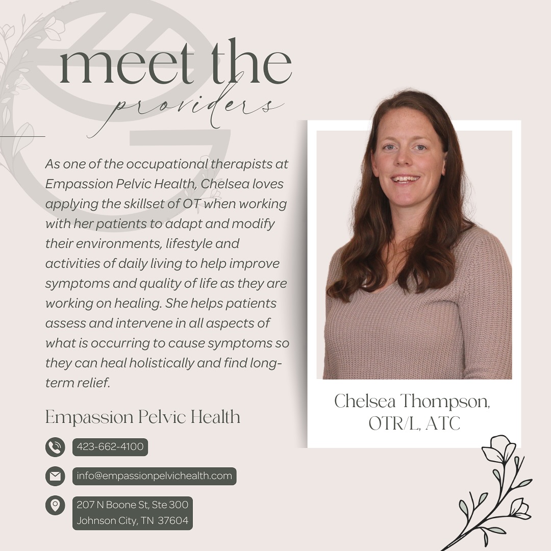 ✨ Meet Chelsea Thompson, OTR/L, ATC, another one of our incredible Grove members and a passionate pelvic health occupational therapist!
Chelsea’s journey began in athletic training and grew into a deep calling to support women through pelvic floor therapy. While working as a PT tech, she saw firsthand how life-changing this work can be and knew she had to pursue it.
Now, with advanced training through Herman & Wallace and a strong OT foundation, she helps women heal holistically, looking at not just the pelvic floor, but how lifestyle, movement and environment impact recovery.
We’re so grateful to have Chelsea as part of The Grove Health Collective! 🌿 Learn more about Chelsea and @empassion_pelvichealth at:
📞 423.662.4100
💻 www.empassionpelvichealth.com
📧 info@empassionpelavichealth.com
#TheGroveHealthCollective #MeetTheProvider #PelvicHealthOT #WomensHealthOT #JohnsonCityMoms #WholeBodyHealing #PelvicFloorTherapy #ChelseaThompsonOT
