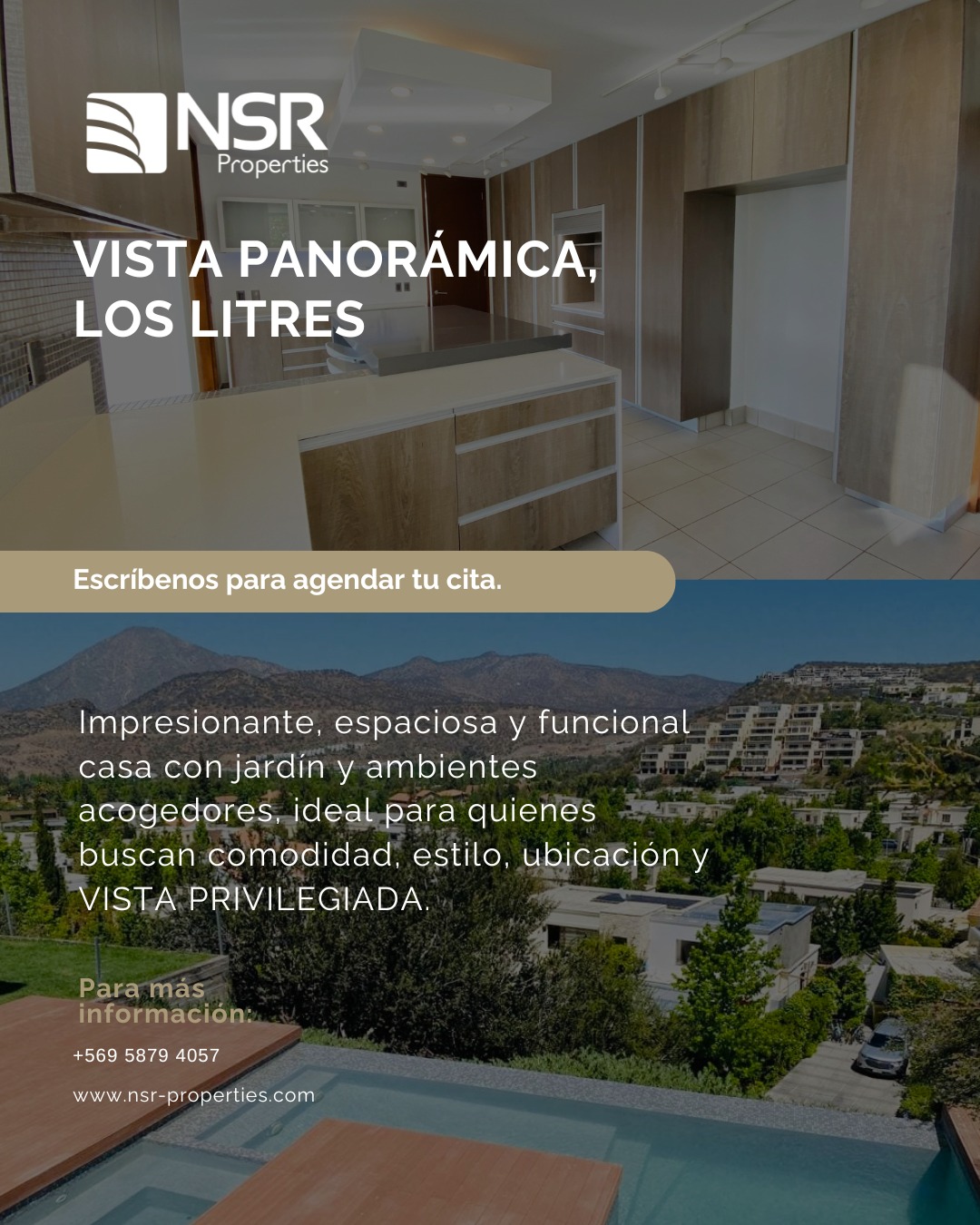 VISTA PANORÁMICA, LOS LITRES, ALTO STANDARD
CALLE CON CASETA DE SEGURIDAD Y CÁMARAS
ACCESO AL CONDOMINIO / EMPRESA SEGURIDAD
Terreno:1.367 m² | Construcción: 311 m2
Año 2014
Estilo: Mediterráneo
VISTA PRIVILEGIADA