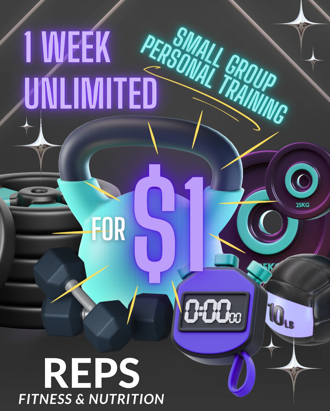 Ready to kickstart your fitness journey?
Get 1 WEEK of UNLIMITED Small Group Personal Training for just $1 at REPS Fitness & Nutrition!
No pressure, no gimmicks—just results.
Link in bio to sign up!!!
