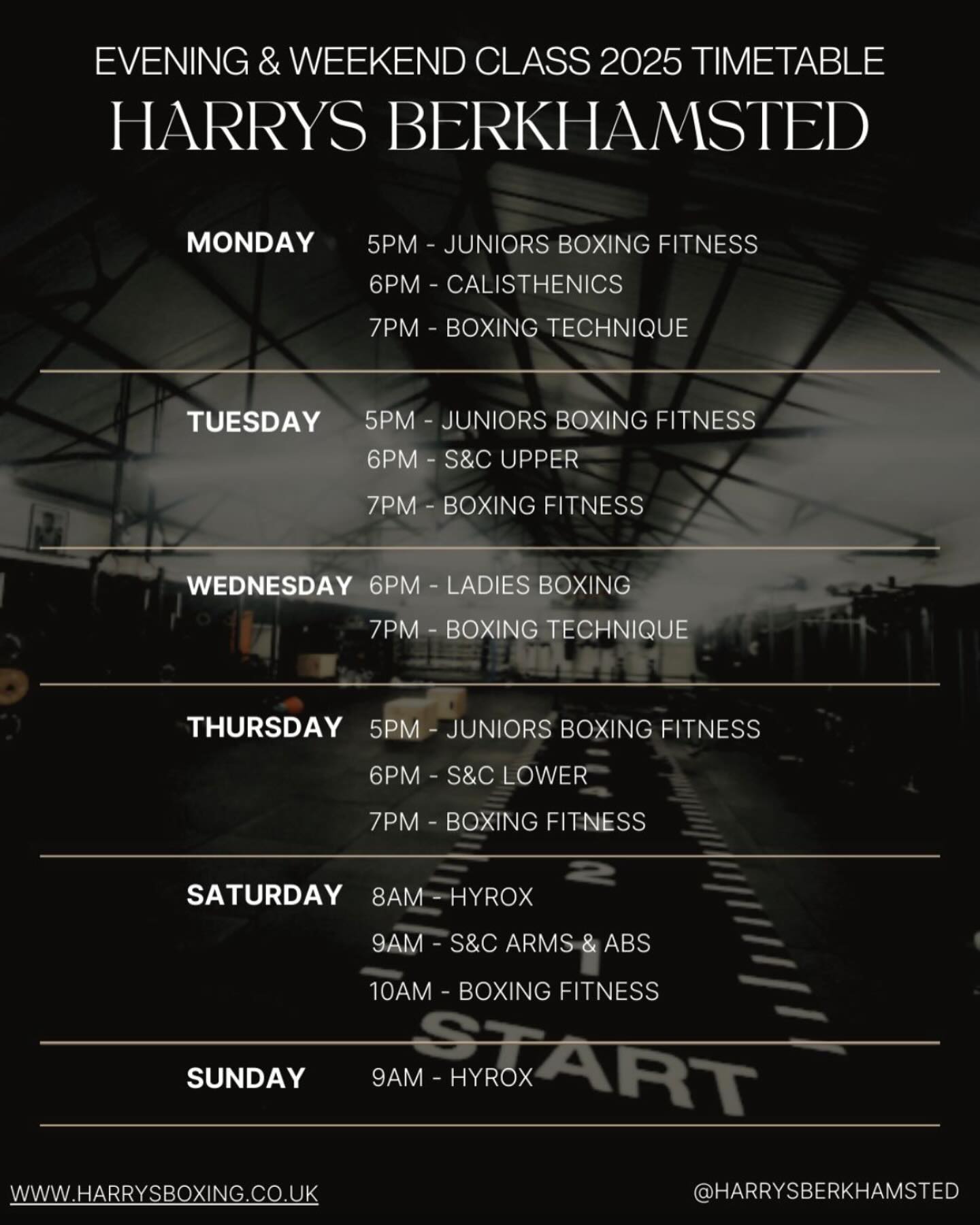 New evening and weekend timetable! We of course still offer all our morning and day time classes, but here is primetime schedule!
#berkhamsted #berkhamstedgym #berkhamstedboxing #boxing #fitness #gym #community #harrys #harrysgym #classes #timetable #mensfitness #womensfitness #youthboxing #hyrox #strength #train
