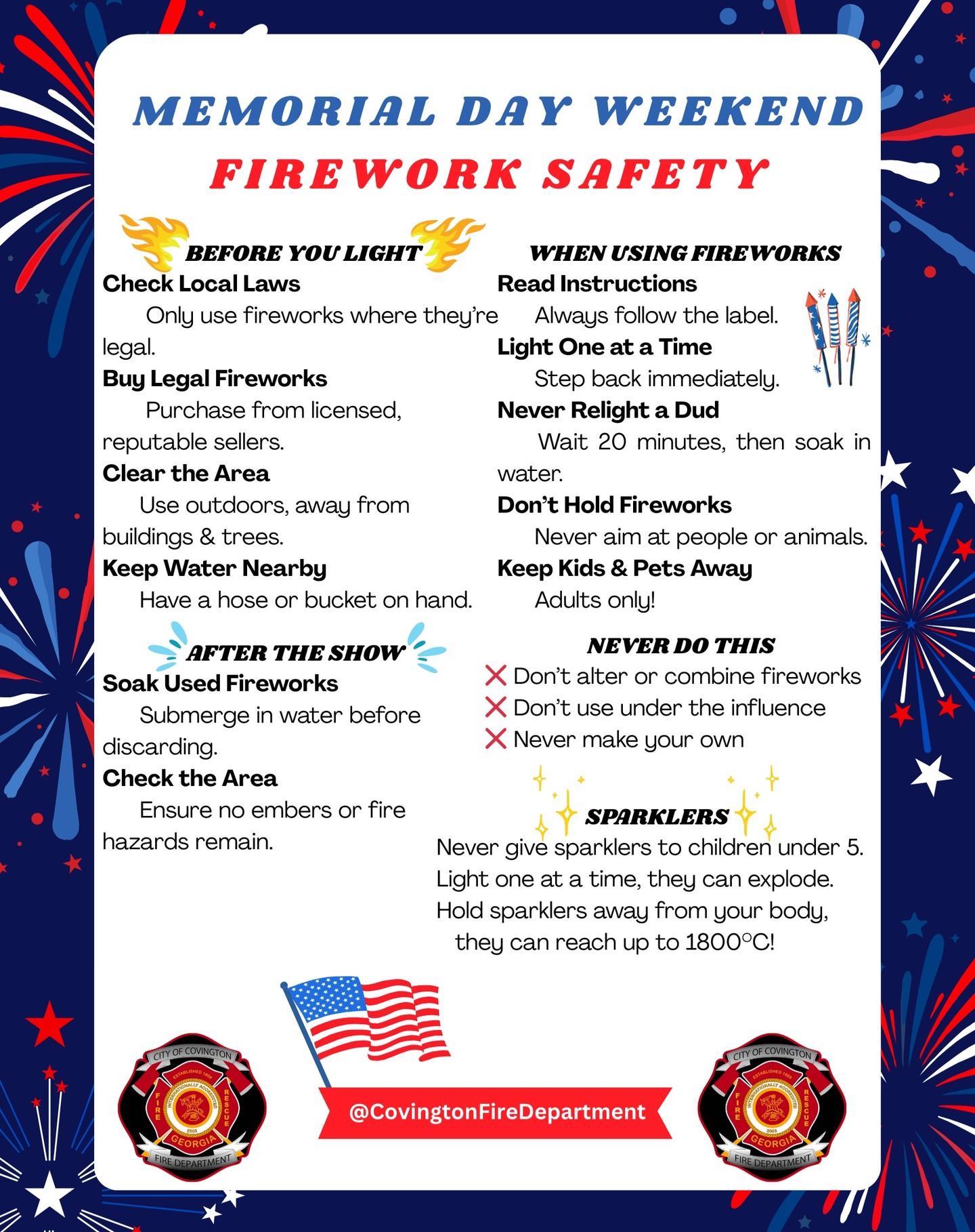 This is a reminder for the upcoming weekend! Make sure you follow up on the firework safety rules! We hope everyone has a good Memorial Day Weekend! Light up the night, not the ER! #memorialday #safetyfirst #covfire