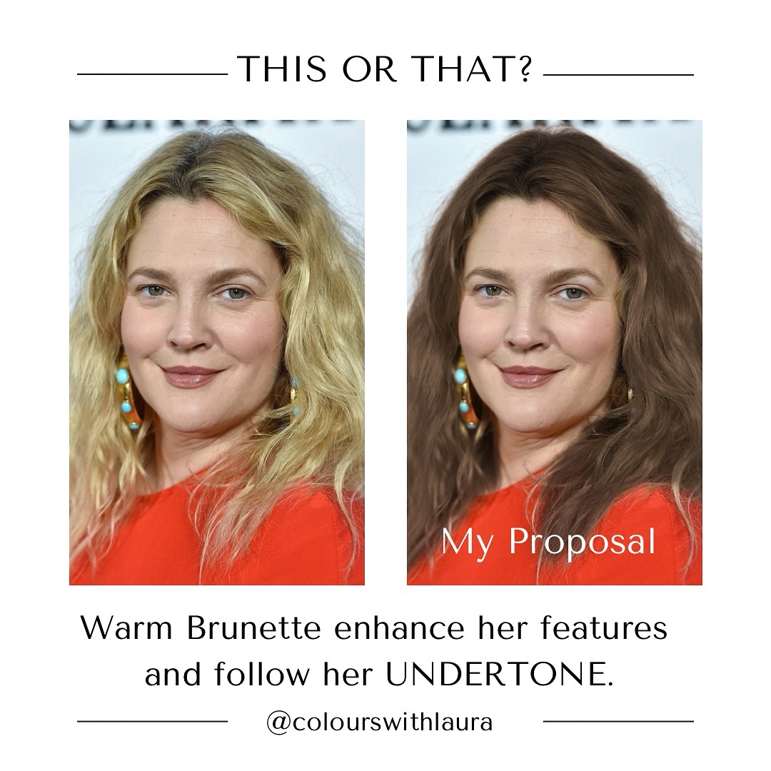 This or that? Blonde or brunette? Can you see how this cool shade of blonde seems disconnected from her and overpower her? The warm brown shade enhances her beauty and matches with her undertone.
#drewbarrymore #bestcolours #colouranalysis