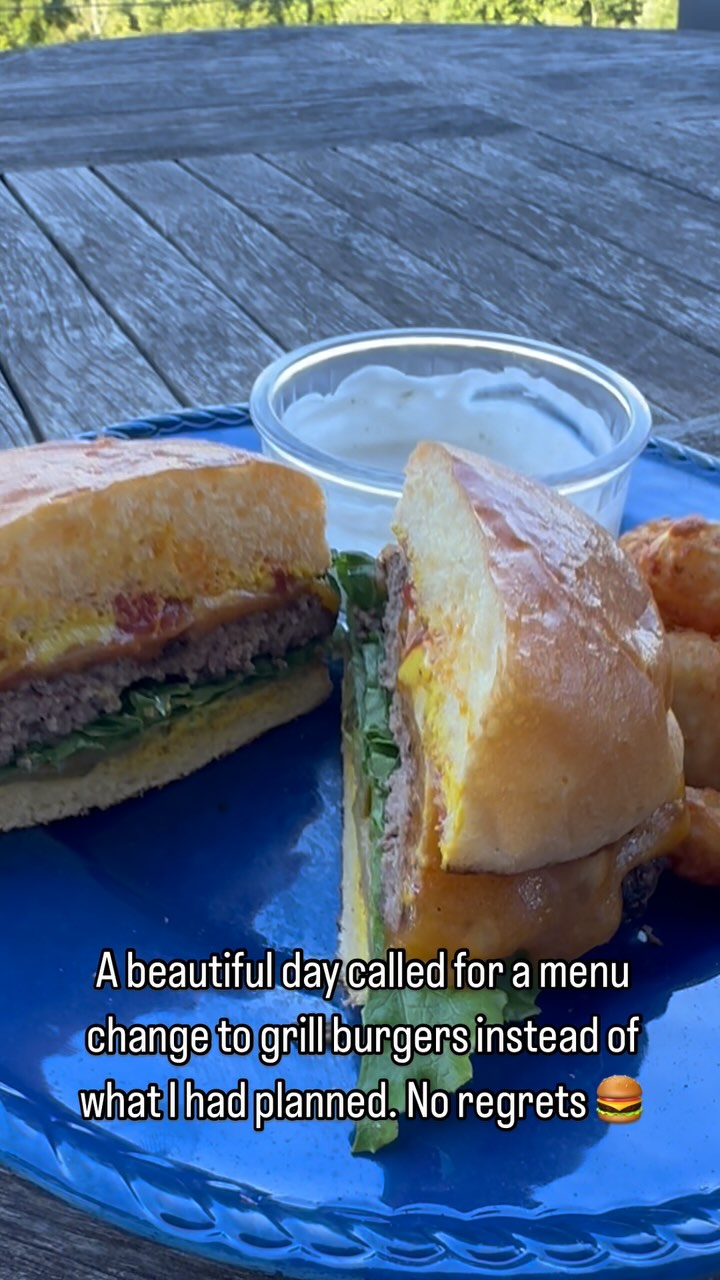 Sometimes you gotta change plans to have burgers on such a beautiful day. YOLO. The kids still say that, right? 😂
.
.
#burgers #cheeseburger #burgernight #cheese #grilling #cookout #cookingout #girlswhogrill #outside #cookingoutdoors #food #cooking #delicious #deliciousfood #yum #yummy #yummyfood #yolo #carnivore
