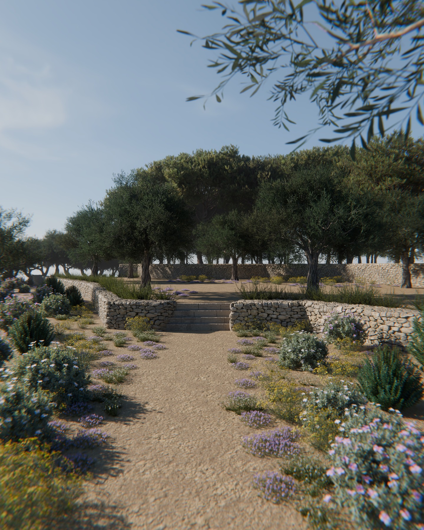 Restanques en pierres sèches s'intégrant harmonieusement dans le paysage naturel de Provence.
Cette technique de construction ancestrale, déjà connue des Gallo-Romains, est parfaitement adaptée au milieu méditerranéen et permet le passage des animaux tractant un attelage.
Au premier plan, des plantes vivaces, des rampantes et de petits arbustes occupent l'espace, laissant apparaître un chemin qui mène à l'ouvrage en pierres.
Les différentes strates végétales se succèdent, accentuant le rythme créé par les « bancau ».
#drylandscaping #nativeplants #wildflowers #provence #CharmeProvencal
#LifeInProvence #studiodac #blender3d #southoffrance #landscape #alpilles