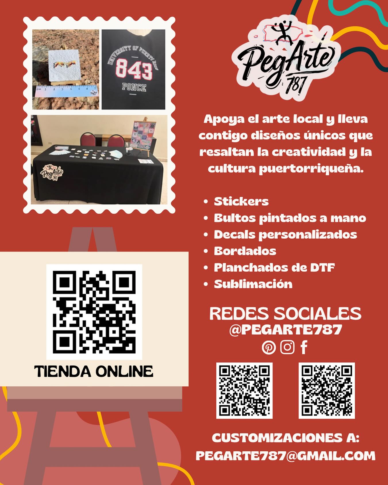 En cada sticker, bulto o pieza que creamos hay una historia que contar: desde frases que solo un boricua entiende hasta diseños que celebran lo cotidiano con orgullo.
Creamos desde el corazón de Puerto Rico para visibilizar nuestras vivencias, y demostrar que el arte también puede ser protesta, memoria y comunidad.
¿Qué historia contarías tú con una pieza de PegArte787?