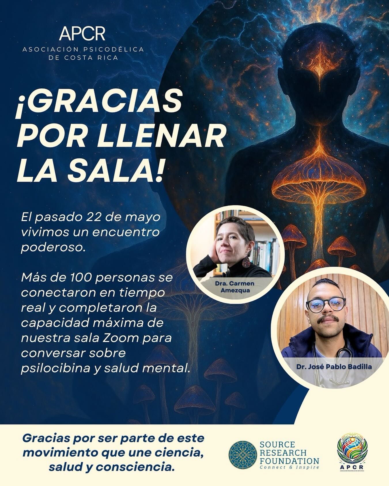 🎉 ¡Llenamos la sala!
Más de 100 personas 🇨🇷🇲🇽🇵🇪🇨🇱🇦🇷🇨🇦 se conectaron el 22 de mayo para hablar sobre psilocibina y salud mental.
🙏 Gracias por su presencia, apertura y respeto.
Nos inspira ver crecer esta comunidad que explora los psicodélicos desde una mirada científica y consciente.
La medicina psicodélica está abriendo caminos transformadores.
➡️Síguenos para más actividades y contenidos.
🙏Gracias por ser parte de esta conversación que une ciencia, salud y consciencia.
#Psilocibina #SaludMental #TerapiaPsicodélica #CienciaYConsciencia #BienestarEmocional #Sanación #Psicodélicos #asociacionpsicodelicacr