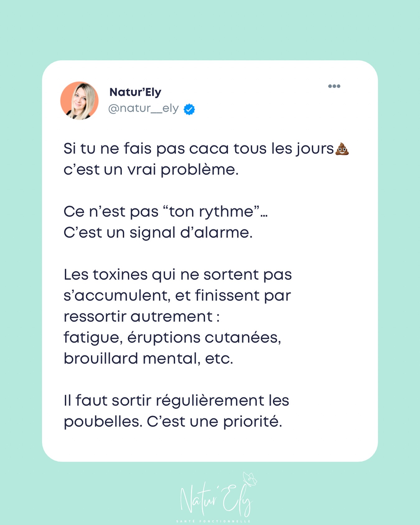 Oui, on parle bien de caca 💩
Et non, ce n’est pas un sujet “honteux” ou “secondaire”.
➡️ Si tu ne vas pas à la selle au moins une fois par jour, ton corps n’élimine pas correctement ses déchets.
Résultat ?
- Toxines qui stagnent
- Surcharge du travail du foie
- Œstrogènes qui repartent dans la circulation
- Ballonnements, brouillard mental, peau capricieuse…
- Muqueuse intestinale en danger et risque d’hyperperméabilité
👉 Tu ne peux pas parler de détox, d’équilibre hormonal ou de vitalité… si la base (l’élimination) ne fonctionne pas.
#hypothyroidie #thyroide #constipation #detox #hashimoto