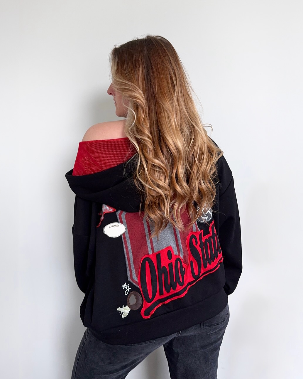 ohio state zip up with upcycled materials ✂️