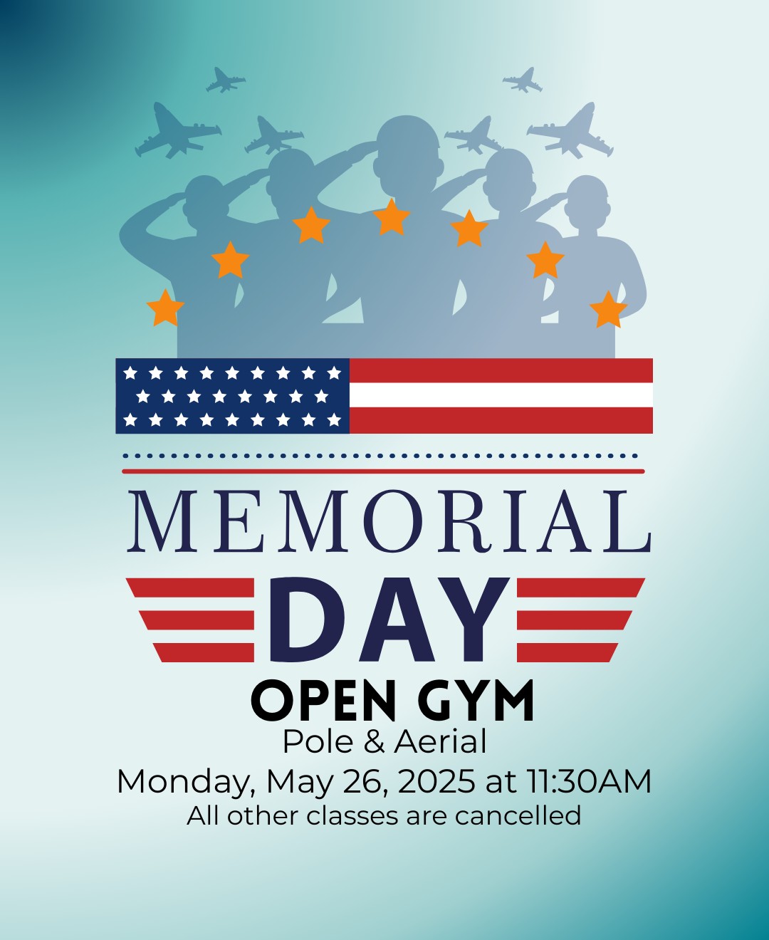 🇺🇸 Memorial Day Update 🇺🇸
This Monday, May 26, we’ll be closed for regular classes in observance of Memorial Day as we take time to honor and remember those who gave their lives in service. 🕊️❤️
✨ However, we will have Open Gym for Pole & Aerial at 11:30 AM — come move, stretch, and flow in your own way.
Take a moment to rest, reflect, or rise — we’ll be back to our full class schedule on Tuesday!
#MemorialDay #HonorAndRemember #OpenGym #PoleAndAerial #StudioUpdate #AerialCommunity #MoveWithMeaning