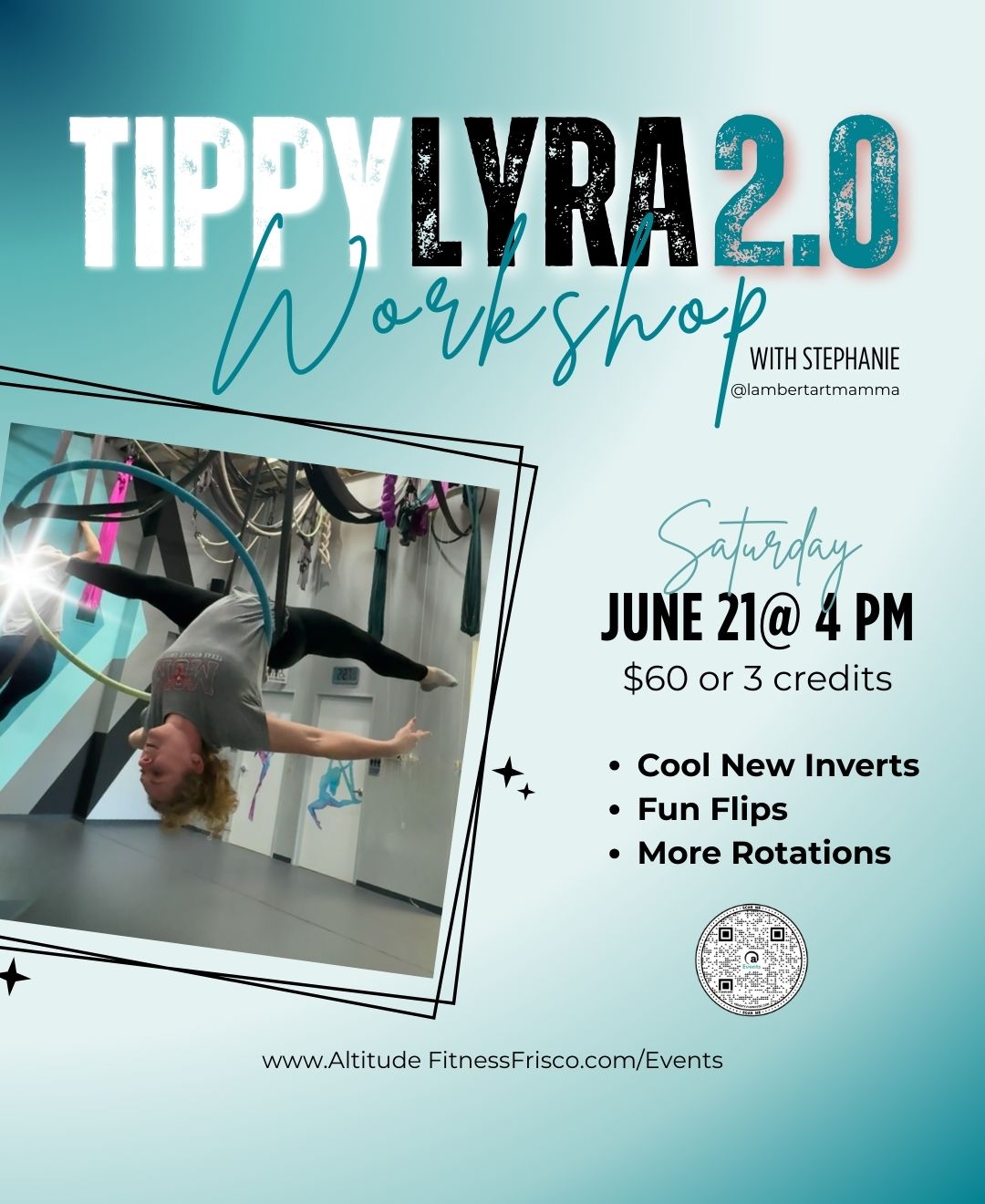 🔥 Ready to level up your lyra game? 🔥
Join us on June 21 for a special Tippy Lyra Workshop—a dynamic spin on your favorite aerial hoop!
We’ll explore balance, rotation, and flow while unlocking brand-new movement pathways. Whether you're just getting comfy with tippy or ready to take flight, this workshop is for YOU.
🎟 Spots are limited—secure yours now!
📅 Saturday, June 21
📍 Altitude Frisco
Let’s get tippy with it. 😉
#TippyLyra #AerialWorkshop #AltitudeAerialArts #LyraLove #AerialLife