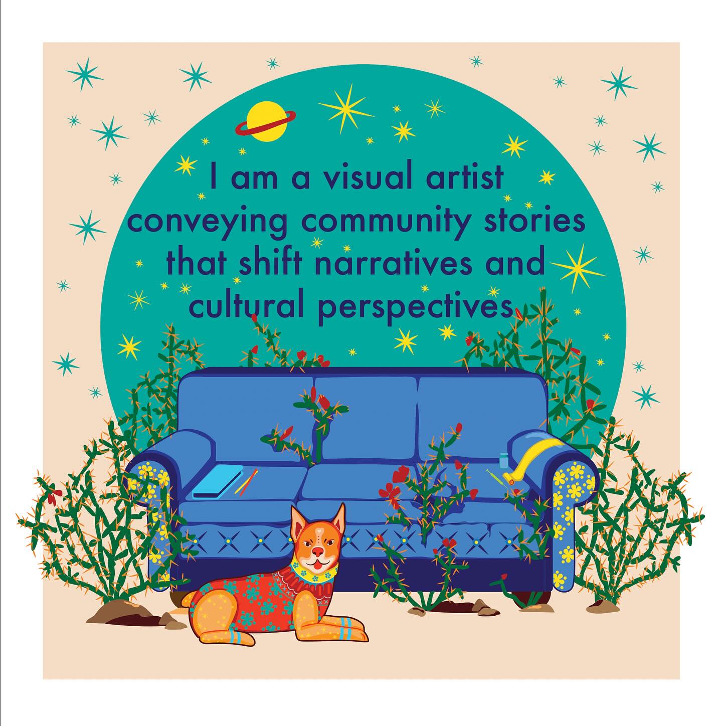 Here’s a little about myself and my art these days!
I am a visual artist conveying community stories to shift narratives and cultural perspectives. As a trans queer immigrant artist and community organizer, my work is a powerful medium that connects people with gender identities, sexuality, culture, and feelings of home. People are the experts of their own stories. In today’s society, narratives are built without their input. My work aims to celebrate and share people’s realities through art, culture, and conversation. For over a decade, I have invited people to create art with me. I build relationships, conduct research and community conversations, and document the experience through all forms of media. With these stories in hand, I create art that is a vibrant and powerful representation in large-scale prints for installations. When people feel heard and seen in their authentic selves, they can connect with one another. Right now, we need to encourage people who have historically been oppressed to share their true selves to create a world that is more accepting and inclusive for everyone.
Let’s tell those stories through art, together.