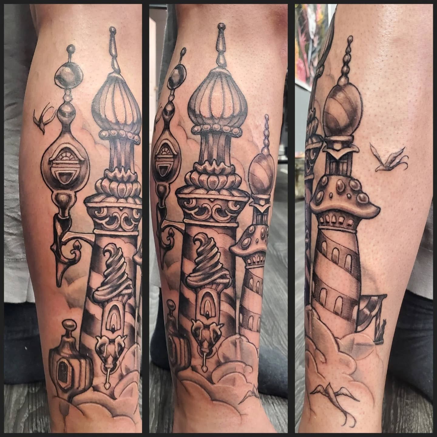 @jeffcooktattoos made these palace towers rising above the clouds for @alysonwanderlnd with some subtle nods to her childhood. Thanks again Alyson!
#fantasytattoo #ageofinnocence #towers #kingdom #imagination #courticetattoos #claringtontattoos