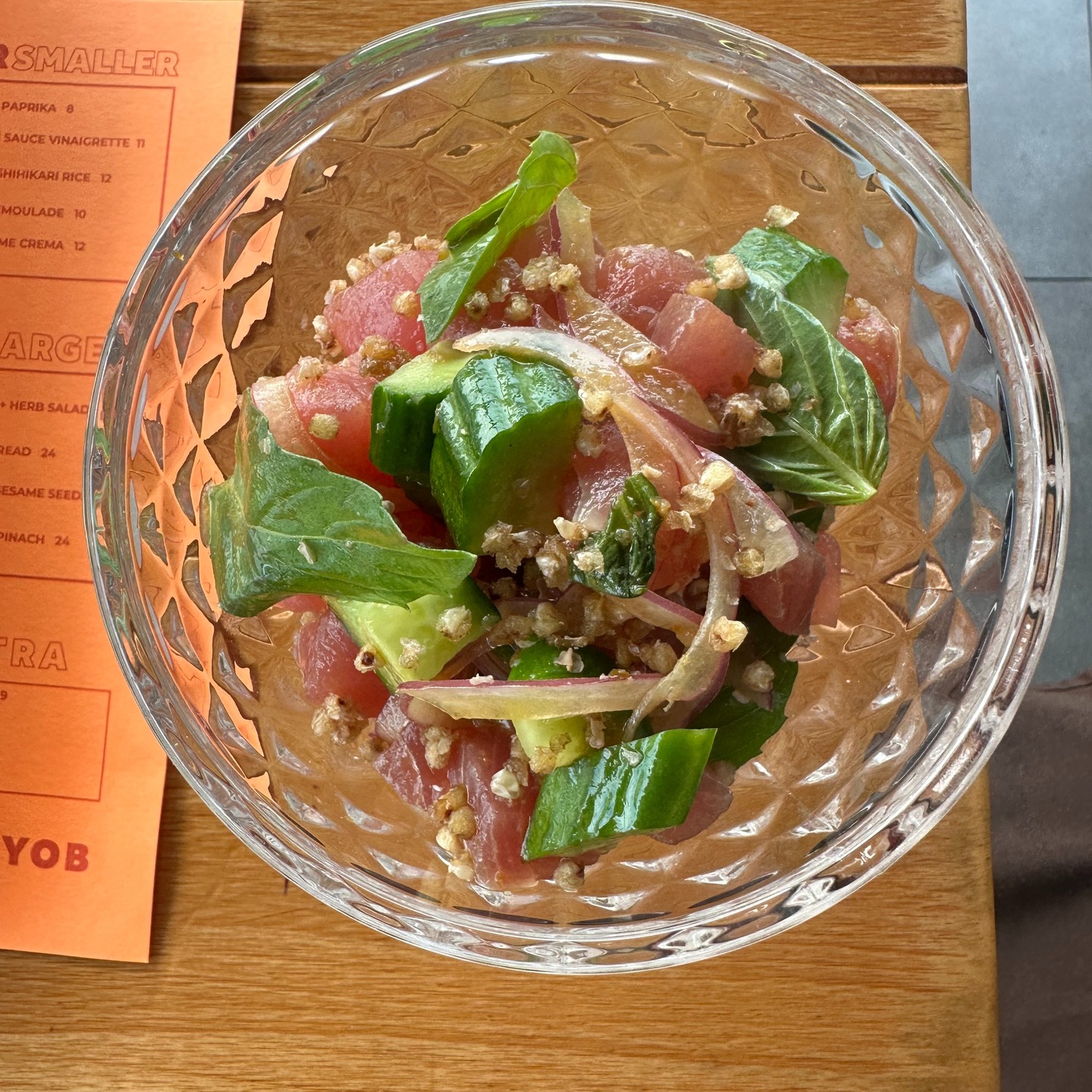 SPECIAL TONIGHT!!! Yellow Fin Tuna + Cucumber + Red Onion + Crispy Buckwheat & Yuzu Kosho Ponzu