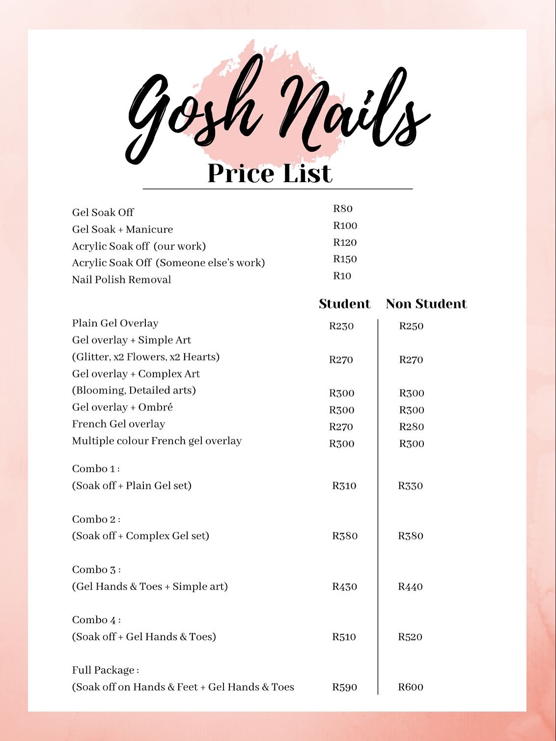Gosh Nails Pricelist💅🏻.
Our second branch just provides Nail services.
The perfect location for students close to campus we can’t wait to all see you soon.💕
Location: 11 victoria street stellenbosch in the bf Lutz building (inside the open parking area across the mall)
(Image is on the last slide )
Please click nr 6 ( Gosh Nails) on the intercom to enter the building
Business whatapp nr: 0815002238