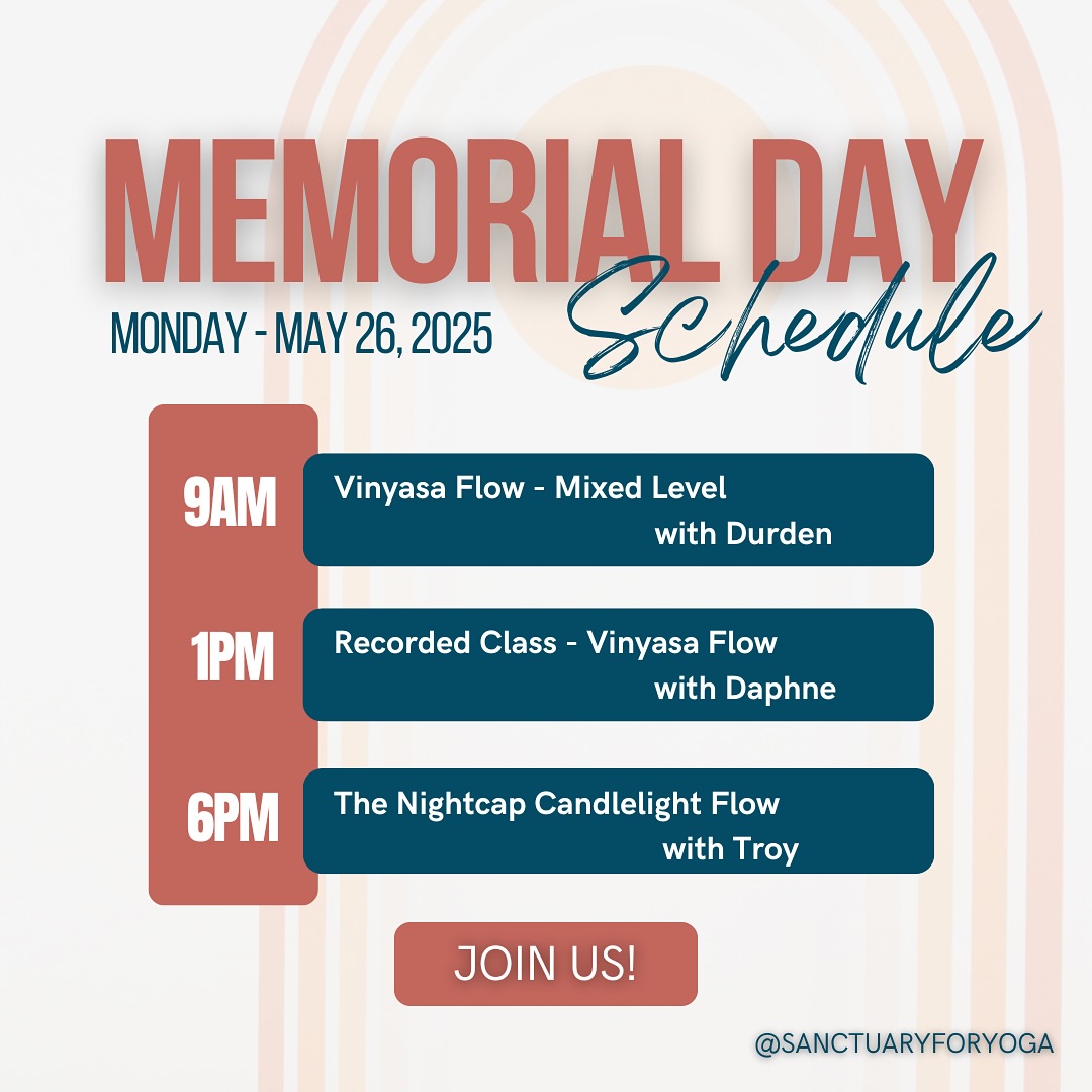 Add yoga to your holiday weekend! 🥳
We hope you have a restful and rejuvenating holiday weekend! Our normal schedule will run Saturday and Sunday. Monday will feature a modified schedule with 2 in-studio options and 1 recorded class.
See you on the mat! 🙏