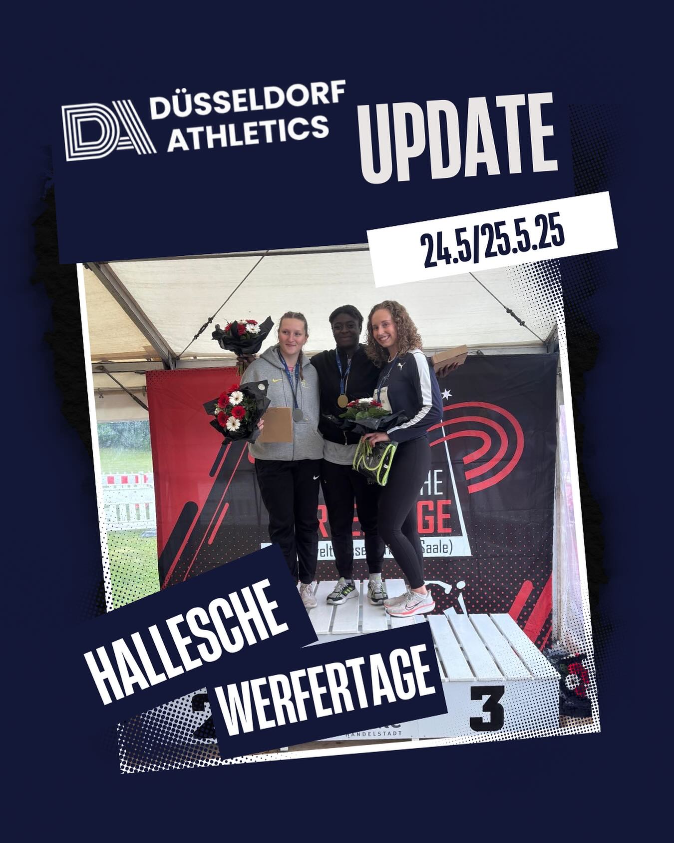 Die 50. Halplus Werfertage versprachen hochkarätige Wettkämpfe unter feierlicher Atmosphäre zu werden und wir wurden nicht enttäuscht.
Unsere sechsköpfige DA Delegation konnte nicht nur wertvolle Erfahrung im international hochbesetzten Starterfeld sammeln, sondern sich auch stark präsentieren.
Vor allem Marie-Sophie Macke, die trotz ihrer Fußverletzung, einen starken Wettkampf absolvierte und im strömenden Regen eine Bronzemedaille in der U23 Konkurrenz des Diskuswurf gewann 🥉
Das erste Mal auf großer Bühne standen die U16 Werferinnen Marlene Elisa Gütschow und Johanna Albrecht. Beide Athletinnen präsentierten sich mit starken Ergebnissen. Marlene wurde 4. mit 36.26m und Johanna warf die Qualifikationsleistung für die deutschen U16 Meisterschaften mit 32.56m.
Im Kugelstoßen der U18 stieß Phil Janitz eine neue Bestleistung. Zudem konnte Thies Windgassen im Diskuswurf der U18 einen Wurf jenseits der 50m Markierung zeigen, diesen jedoch leider noch nicht halten: beim nächsten Mal dann!
🔥🔥🔥🔥
#fasterhigherfurthertogether #halleschewerfertage #teamspirit