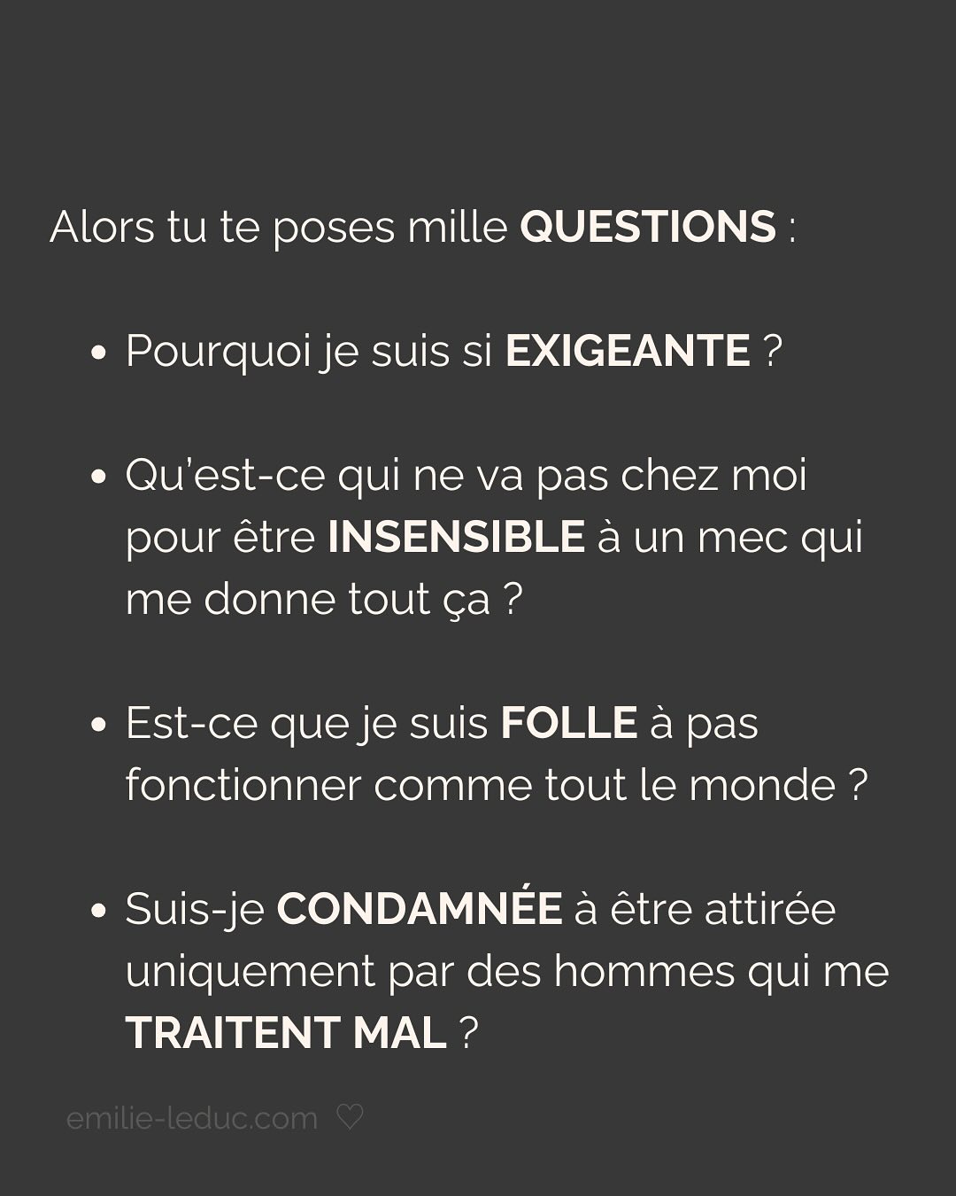 Je rencontre C. en 2021 et le contact passe bien. On prend un verre, il est sympa, drôle, smart, et super gentil. À la fin du date, il propose naturellement qu’on se revoit. Pour ce 2e rdv, il prend les devants, choisi l’endroit etc.
Jusqu’ici, C. semble savoir ce qu’il veut et ça fait du bien.
Mais très vite, je sens que tout ce que je dis est parole d’évangile. Qu’il commence à mettre ses besoins de côté pour coller aux miens. Je le sens perdre de son charme à mesure qu’il tente de me plaire en effaçant subtilement mais sûrement qui il est.
Je prends mes distances, il le ressent et essaye de coller à l’image qu’il croit que j’attends. Je suis refroidie, je quitte la relation avec toutes les questions que j’ai mises dans le post.
Aujourd’hui, je comprends que j’avais besoin de quelqu’un avec un minimum de sécurité intérieure.
Sauf que ça, ça ne se force pas.
LA SÉCURITÉ INTERIEURE NE PEUT SE FEINDRE.
Tu peux porter tous les masques que tu veux, celui de la sérénité intérieure, de la sécurité, de la confiance et de l’estime de soi ne peut se maquiller.
La preuve, toi non plus tu n’es pas dupe.
2 ans plus tard, quand j’ai rencontré mon chéri, il était profondément gentil et attentionné. Mais il avait surtout quelque chose que beaucoup d’autres hommes n’avaient pas et que j’arrivais pas à expliquer.
Mais c’était bien ça. Ce qui m’attirait plus que tout chez lui, c’était sa sécurité propre, sa sérénité intérieure.
Si cela n’est pas présent chez ton/ta partenaire, c’est normal que ça crée un malaise.
Tu es bien placée pour savoir que partager ta vie avec une personne qui en fait trop pour être aimée et validée, c’est épuisant et pas très sexy…
———————————————————————————
Je suis Emilie, thérapeute & coach diplômée spécialisée dans la dépendance affective.
J’aide les femmes qui souffrent de schémas toxiques répétitifs à aimer sereinement et librement, sans plus jamais s’oublier.
#dependanceaffective #manipulation#relationtoxique#addiction#dependance#blessuredabandon#rupture#couple#hypersensibilité#hypersensibles#abandon#perversnarcissique#depression#blessuredelame#amourdesoi#tinder#rencontre#angoisse#solitude#lovecoach#pn#amourdesoi