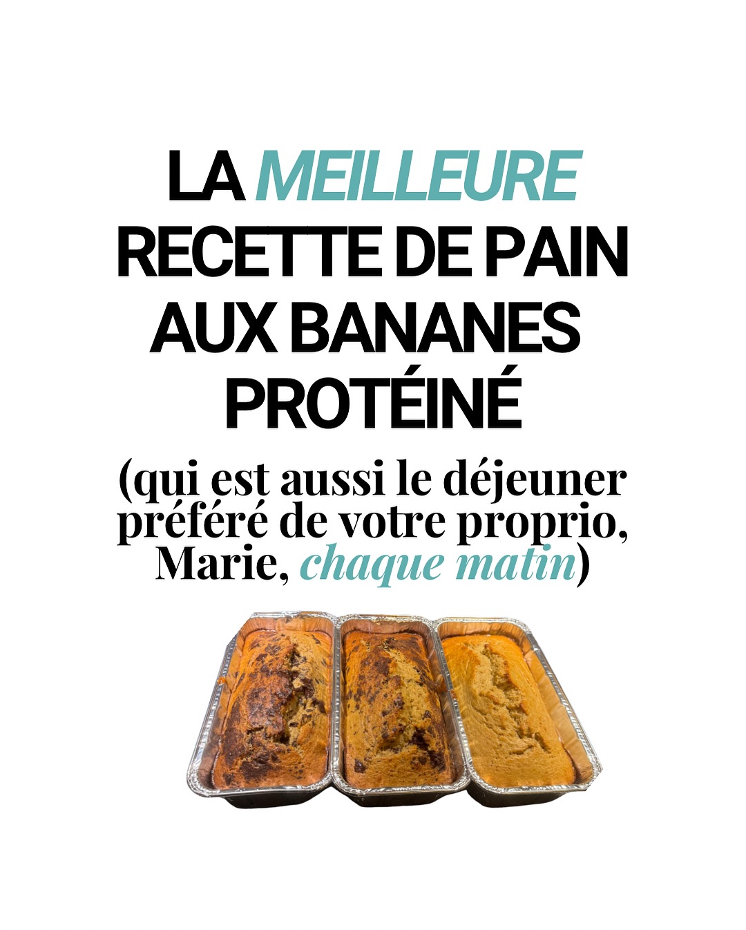 Voici une recette hyper simple de pain aux bananes protéiné 🍌
Une base peu sucrée, volontairement — parce que le but, c’est de partir de quelque chose de neutre, puis d’ajuster selon tes préférences.
Tu veux plus de protéines? Ajoute un scoop ou des blancs d’œufs.
Envie de bons gras? Go pour des noix ou du beurre de noix.
T’as la dent sucrée? Des fruits, du miel ou du sirop d’érable feront le travail.
Selon Marie : c’est parfait avant l’entraînement quand t’as pas trop faim, mais que t’as besoin d’un bon boost.
En collation? Une tranche avec du beurre de peanut = match parfait 🤩
Fais la base, goûte, puis ajuste (ou pas).
Simple, nourrissant, efficace 🫶🏼