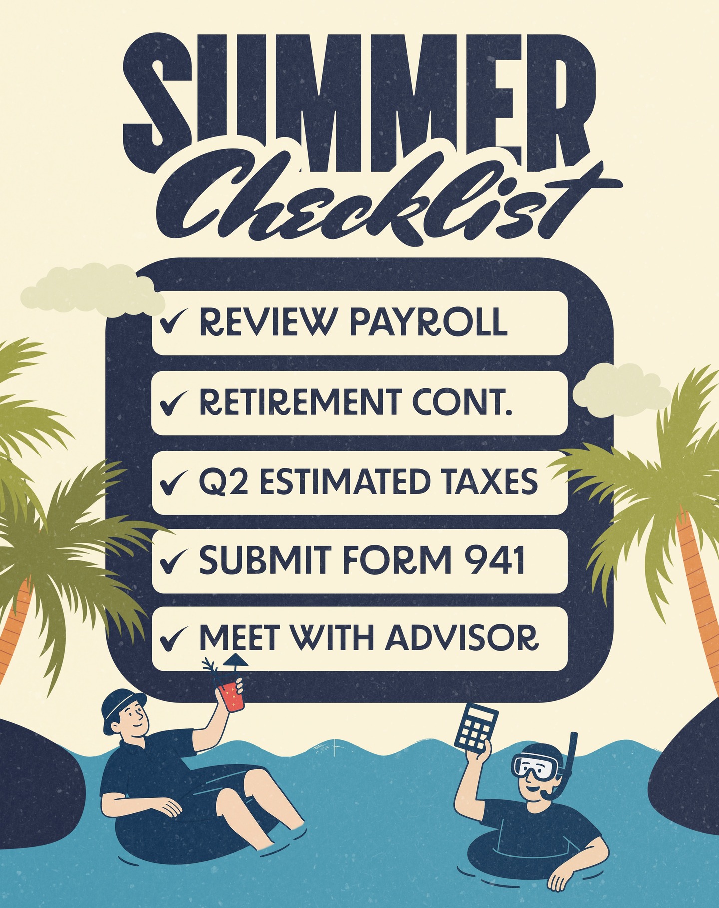With summer officially underway, now’s the perfect time to get a jump on your business finances! Use our mid-year checklist to stay on track - for more info, head to our latest blog post.
-
-
-
-
-
#Checklist #TaxPlanning #SmallBusinessTips #EntrepreneurLife #QuarterlyTaxes #BusinessFinance #Summer #TaxDeadlines #FinancialGoals #tax #taxtips #SmartBusinessMoves