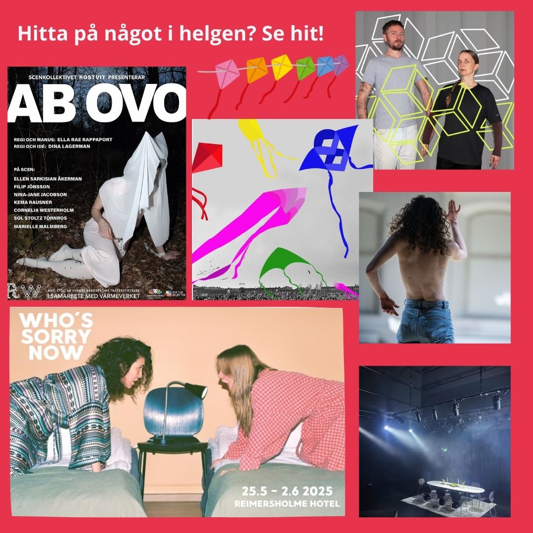 Det är en mängd spännande kulturarrangemang av våra medlemmar som presenteras under helgen nu! Bara att välja och vraka vad som passar en!
AB OVO - av @rost.vit - spelas på Värmeverket Stockholm fre-sön!
@drakfesten på Gärdet 60 år - lör 24 MAJ från 12.00, Stockholm.
Breaking Facade av @noahhellwig - Fredag 23 maj kl 16:00 och kl 19.30 på @sitesweden , Stockholm
All those things left behind, for now av @matildabilberg - Fredag 23 maj och lördag 24 maj på Atalante @atalantegbg , Göteborg
WHO'S SORRY NOW av @rabbitholeproduktion och @osynliga_teatern - premiär på söndag 25 maj kl 18.00, spelas till 2 juni! På @reimersholmehotel Stockholm.
The Tannhauser Dream av @biggestrob Robin Jonsson - spelas under fredag, lördag, söndag på Konträr, Stockholm!