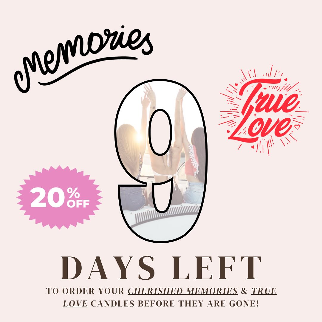 Only 9 days left to bring home the warmth of our Cherished Memories and True Love candles — two of our most beloved fragrances!
To celebrate the season of connection, we’re offering 20% off both scents now through the end of the month. Whether you’re revisiting a favorite memory or creating a new one, these candles are here to light the way.
Don’t miss your chance — once they’re gone, they’re gone!
#RusticGlowCandleCo #CandleLovers #LimitedEditionCandles #TrueLoveScent #CherishedMemories #HomeFragrance #CandleSale #20PercentOff #CandleMagic #RusticVibes #CountdownToCozy