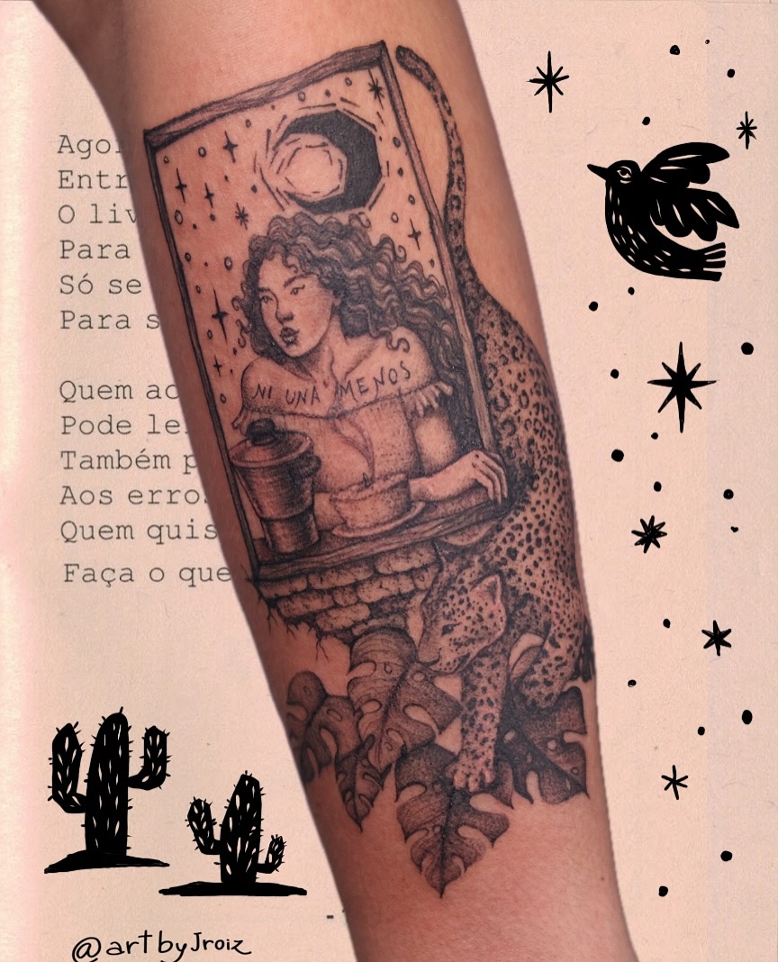 Who would you pay tribute to with a tattoo?
Welcome to my digital scrapbook!
She wanted to represent her roots.
Her parents are from Bahia, Brazil; they left their homes in search of a better future.
She feels so connected to this region that she decided to honor it with a tattoo!
Growing up eating cuscuz daily, she cherishes these moments as some of her most precious memories (can’t blame, I love cuscuz as well😅)
I added the window to represent the many traditional houses I’ve seen in Bahia. The moon, depicted in xylography style, is also a nod to the Northeast’s tradition of Literatura de Cordel.
The cheetah symbolizes mystery, wisdom, and strength, serving as a spiritual guardian.
She is a strong woman, just as her ancestors were. This tattoo honours those who came before her and reflects her vision for the future.
This is definitely one of my favorite tattoos!