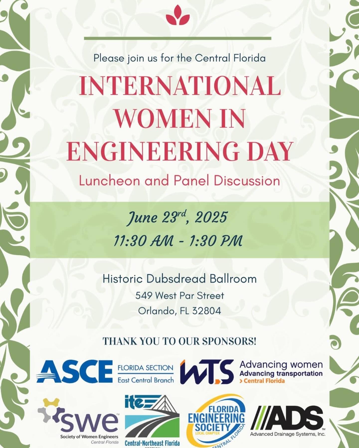 We invite you to join ASCE, WTS, SWE, ITE, and FES for a luncheon celebrating International Women in Engineering Day on June 23, 2025 starting at 11:30am! Hear from a panel of local women leaders and engineers and enjoy the opportunity to network across multiple engineering societies. Parking is complimentary at Historic Dubsdread. For more information and to register, please visit the link in our bio. Please note: the last day to register is June 18th.