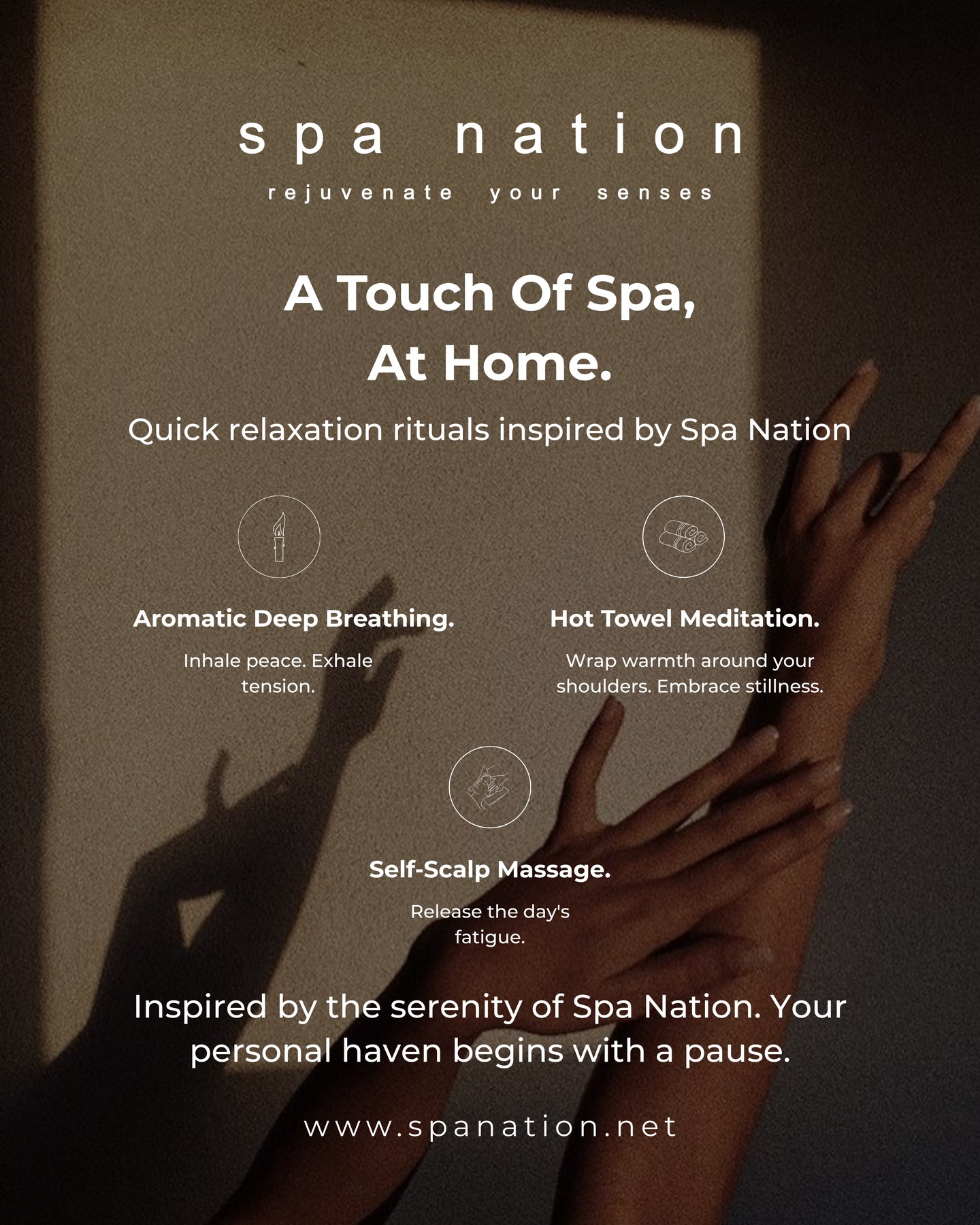 Can't make it to the spa today? Bring a little touch of spa at home! ✨ Light a candle, play some soothing music, and let a warm bath or a gentle self-massage transport you. For the ultimate escape, remember we're just a call away!
📍 Experience true bliss, or get inspired for your home ritual, at:
Bengaluru
Phoenix Mall: +91 9591075687
Orion Mall: +91 9538878687
Indiranagar: +91 8296387786
Ludhiana
Pavilion Mall: +91 9501078687
🌐 www.spanation.net
#SpaAtHome #SelfCare #DailyRitual #Relaxation #MindfulMoments #SpanNation #RejuvenateYourSenses #HomeSpa