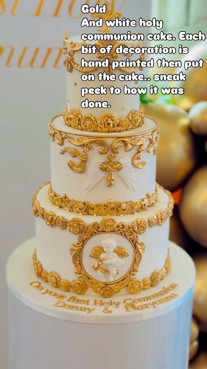 A holy communion cake delivered to @down_hall . Stunning gold and white cake. #twistedcakesbytia #welwyngardencity #cakedecorating #welwyngardencitymums #stalbansmums #cakedecoratingvideos #stalbans #stalbans #cakesofinstagram #hertfordshirecakes #cakedecoratingtutorials #downhallhotelandspa #holycommunion #holy communion cake#white and gold cake
