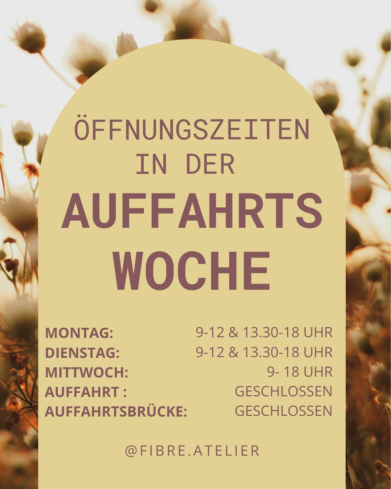In der nächsten Woche gelten Spezial-Öffnungszeiten!
Für alle, die noch mit einem Projekt starten möchten, eine Frage haben oder nach Inspiration suchen – ich freue mich sehr über euren Besuch von Montag bis Mittwoch.
Am nächsten Freitag bleibt das Atelier ausnahmsweise geschlossen.
Vielen Dank an alle, die über die Auffahrtstage arbeiten und unser System am Laufen halten! 😘
#fibreatelier #specialopeninghours