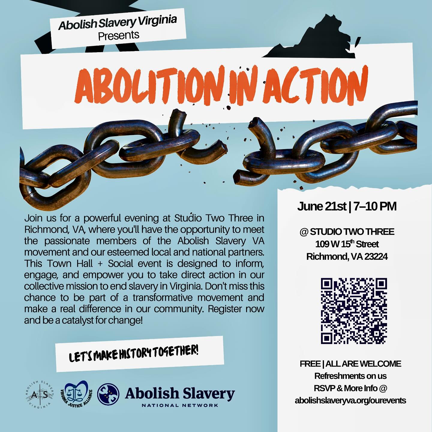 Join us June 21st at Studio Two Three for a powerful evening of movement-building for our statewide campaign to abolish all forms of slavery in Virginia — including as punishment for a crime — for the first time in history.
🎶 Live performances.
🗳️ Movement strategy.
📚 Legislative education.
🫂 Community power.
📅 Saturday, June 21 | 🕖 7–10 PM
📍 Studio Two Three – 109 W. 15th St. Richmond, VA
🎟️ FREE & Open to the Public | Donations Welcomed
Hosted by:
Abolish Slavery VA • Virginia Justice Alliance • Abolish Slavery National Network
RSVP + More Info: abolishslaveryva.org/ourevents
Follow us: @abolishslaveryva
⭐️⭐️⭐️AND STAY TUNED FOR WHEN WE ANNOUNCE OUR LINE-UP OF SPECIAL GUEST SPEAKERS AND PERFORMANCES!!⭐️⭐️⭐️
