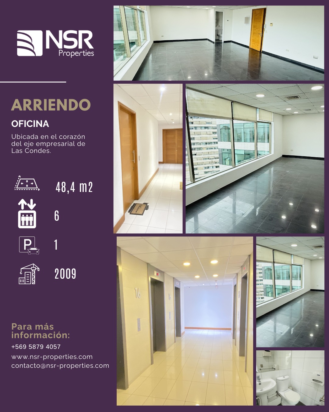 METRO MANQUEHUE – APOQUINDO – NORUEGA
OFICINA ARRIENDO
48,04 M2 PLATA LIBRE.
ESTACIONAMIENTO.
U.F. 20.-
GGCC $148.000.-
Ubicada en el corazón del eje empresarial de Las Condes, esta oficina es ideal para profesionales, asesores o empresas que buscan un espacio moderno, cómodo y bien conectado.
Características principales:
• Superficie total: 48,04 m².
• Distribución: Planta libre + baño.
• Cielo americano falso con luminarias.
• Pisos de porcelanato.
• Aire acondicionado frío/calor.
• Ventanas de termopanel.
• Cortinas roller.
• Orientación poniente.
• 1 estacionamiento en el primer subterráneo.
• Edificio moderno del año 2009, con 6 ascensores de alta velocidad.
• Gastos comunes: $148.000.-
Ubicación estratégica: rodeada de bancos, oficinas corporativas, servicios, cafeterías y con excelente conectividad.
Lista para instalar tu oficina y empezar a trabajar.
Contáctanos para agendar una visita.
Contacto: Cinthia García
Tel.: +569 5879 4057
cinthia.garcia@nsr-properties.com