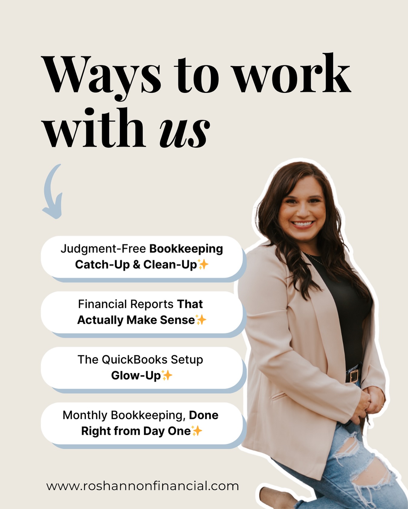 Here are some fun and stress-free ways to work with me (and yes, your books will thank you for it)!
Whether you just need a little support or want to hand it all off, there’s a service for that.
Let’s make your finances feel way easier and way less stressful! I guarantee it! 😜
Schedule a call to learn more!
.
.
.
#WorkWithUs #BookkeepingforSmallBusiness #BusinessBookkeeping #BusinessAccounting #Bookkeeping #Accounting
#SmallBusiness