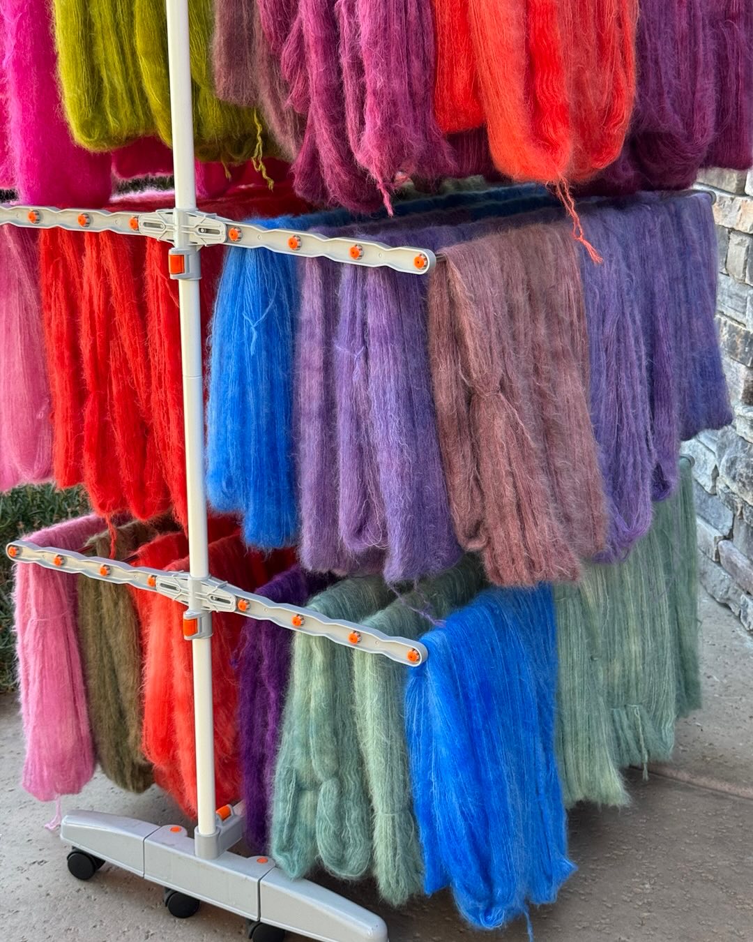 Two days of Suri-Silk and Mo Silk. I’ve got 18 new colors of each 💖 They are so fluffy and yummy! Hoping they will all be dry tomorrow, then comes winding into skiens, wrap with their sleeves and labels… photograph and put into inventory on the website. All I can say is “Coming Soon!” 😉💕 GOD BLESS YOU ALL🥰