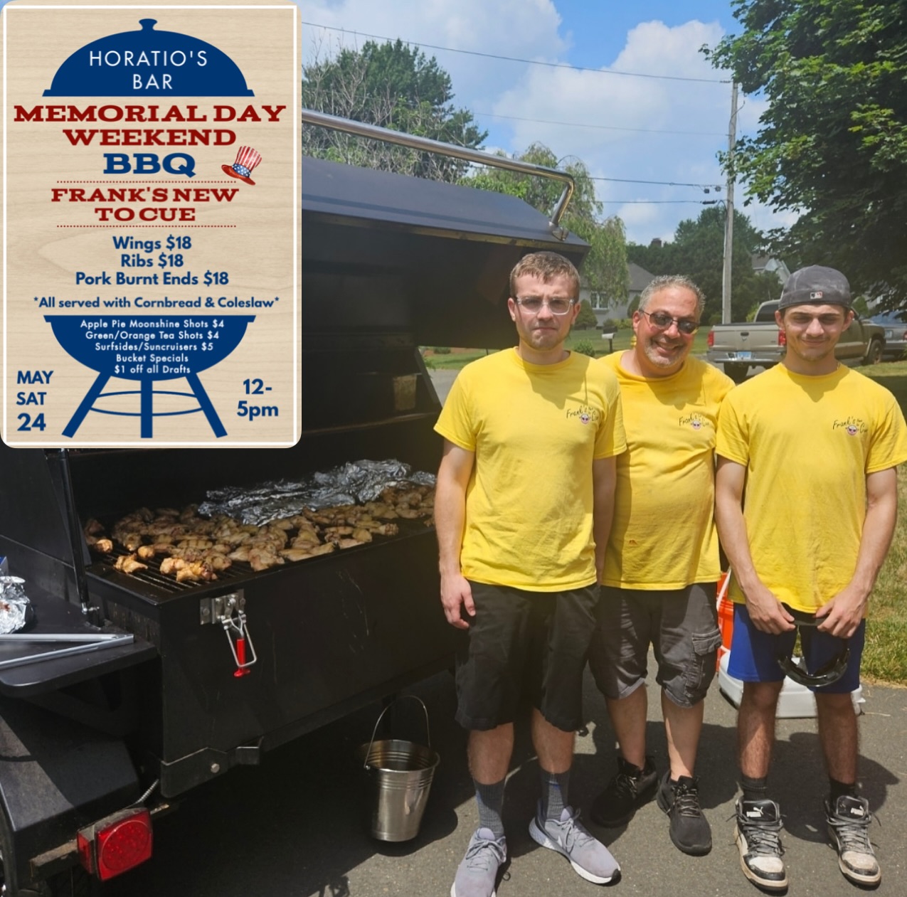 Happy Memorial Day Weekend! @franksnewtocue will be here today from 12-5pm! 🍗 🍖 Drink specials all day! $1 off Drafts, $4 shots, and bucket specials! 🪣 🍻