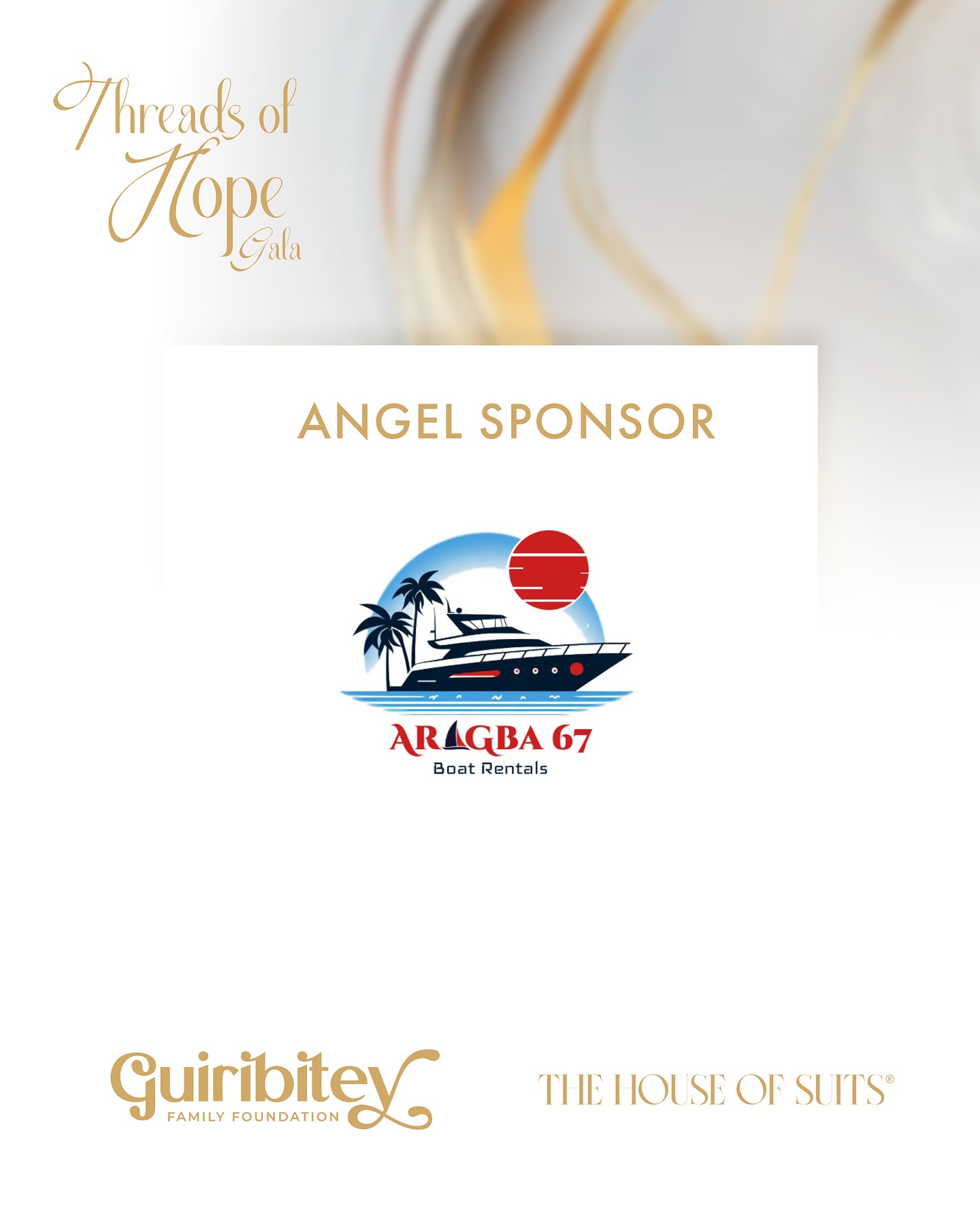 With heartfelt gratitude, we thank our ANGEL Sponsor, Aragba 67 Boat Rentals, for helping make the Threads of Hope Gala a night to remember. Your support went beyond the celebration — it became a part of a larger mission of hope and healing. Known for offering unforgettable experiences on the water, Aragba 67 brings that same spirit of joy and generosity to every life they touch. Thank you for sailing with us on this journey of purpose. 🚤💫