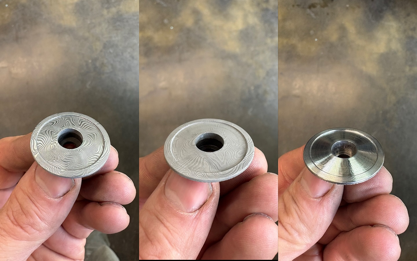 Top cap damask steel…
3 stages:
1. after the lathe
2. after edging
3. after sanding