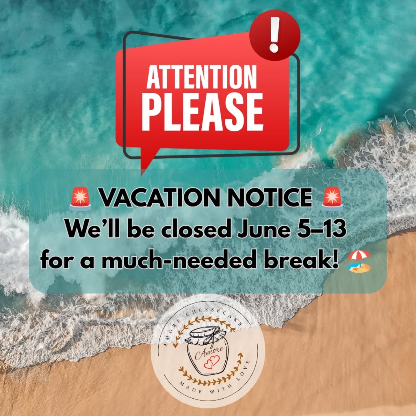 🚨 VACATION NOTICE 🚨
We’ll be closed June 5–13 for a much-needed break! 🏖️
🗓️ Last day to place orders: Friday, May 30
🚚 Final delivery date before break: Wednesday, June 4
📦 Orders placed after May 30 will be delivered starting Monday, June 16
Stock up in time so you don’t miss your cheesecake fix! 💛
Thanks for your continued support!
#AmoreCheesecake #VacationNotice #OrderDeadline #CheesecakeLovers #LocalBusinessLove #SweetToothAlert